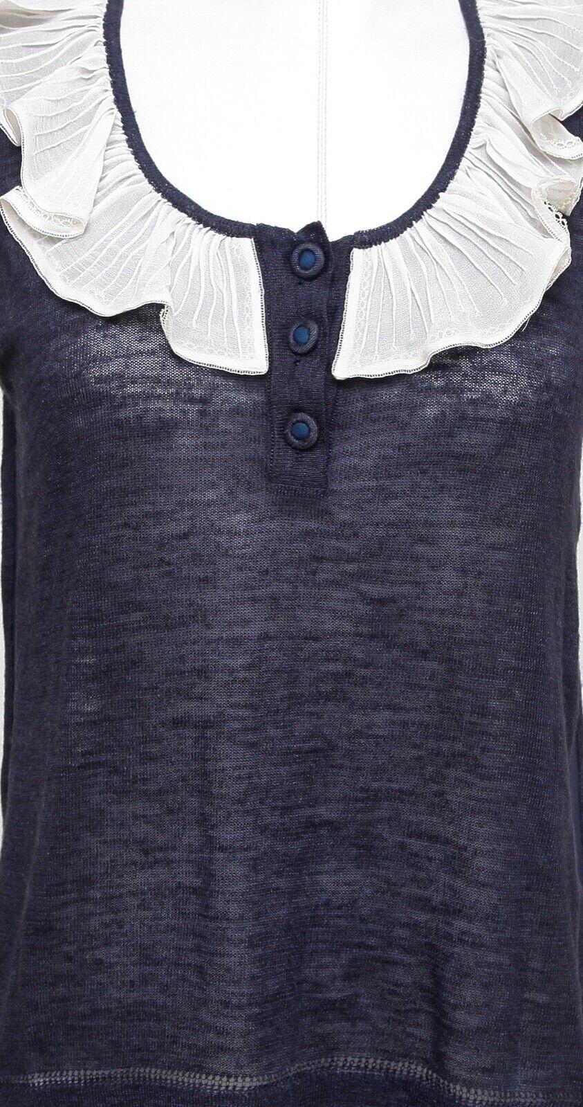 Women's CHLOE Sleeveless Top Shirt Sleeveless Navy Ivory Ruffle Henley XS 2007 For Sale