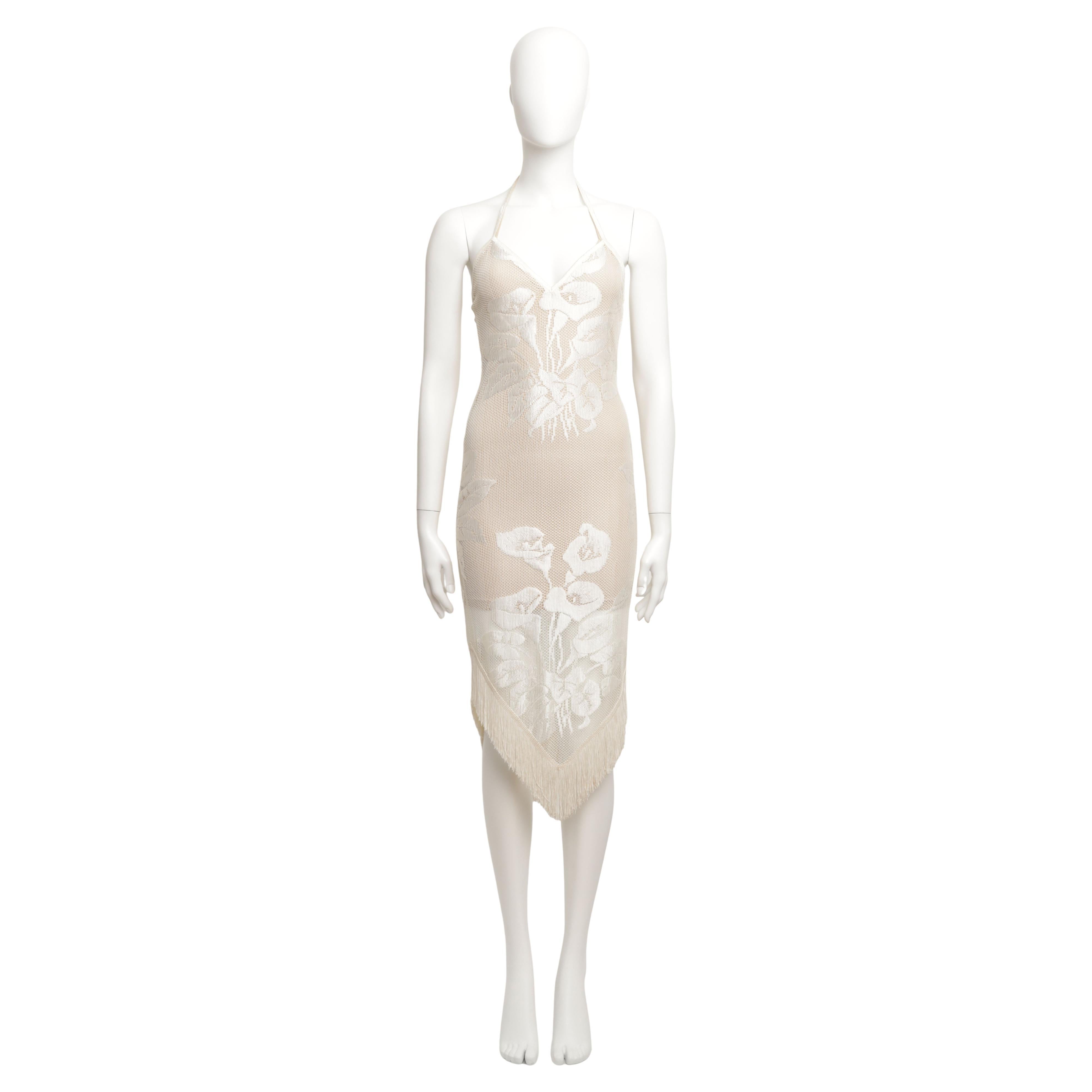 Chloe Stella McCartney S/S 2000 Embroidered Crochet Halterneck Dress w/ Fringe en vente