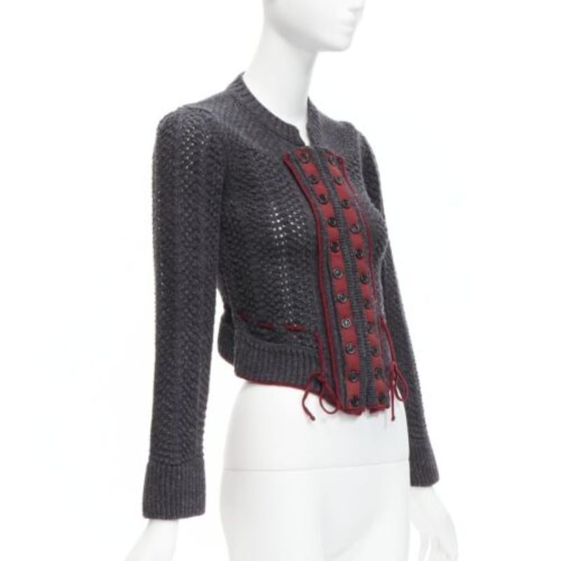 CHLOE Stella McCartney Vintage grey wool burgundy military cropped cardigan S In Excellent Condition In Hong Kong, NT
