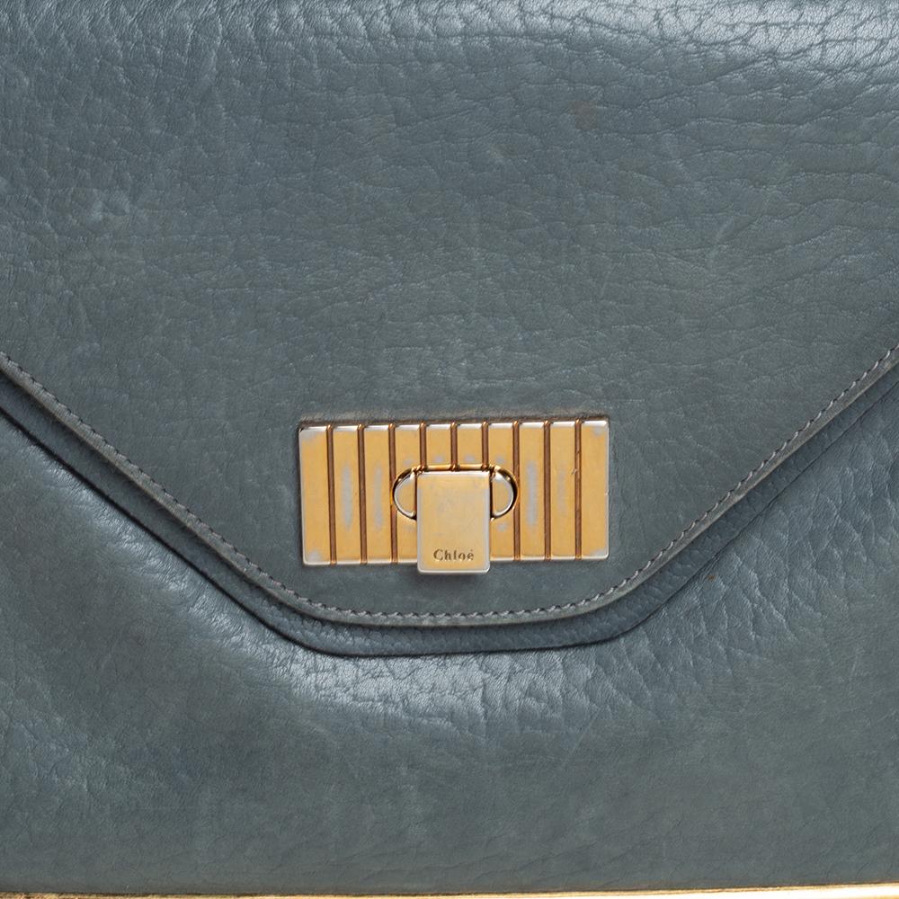 Gray Chloe Stone Blue Leather Medium Sally Flap Shoulder Bag