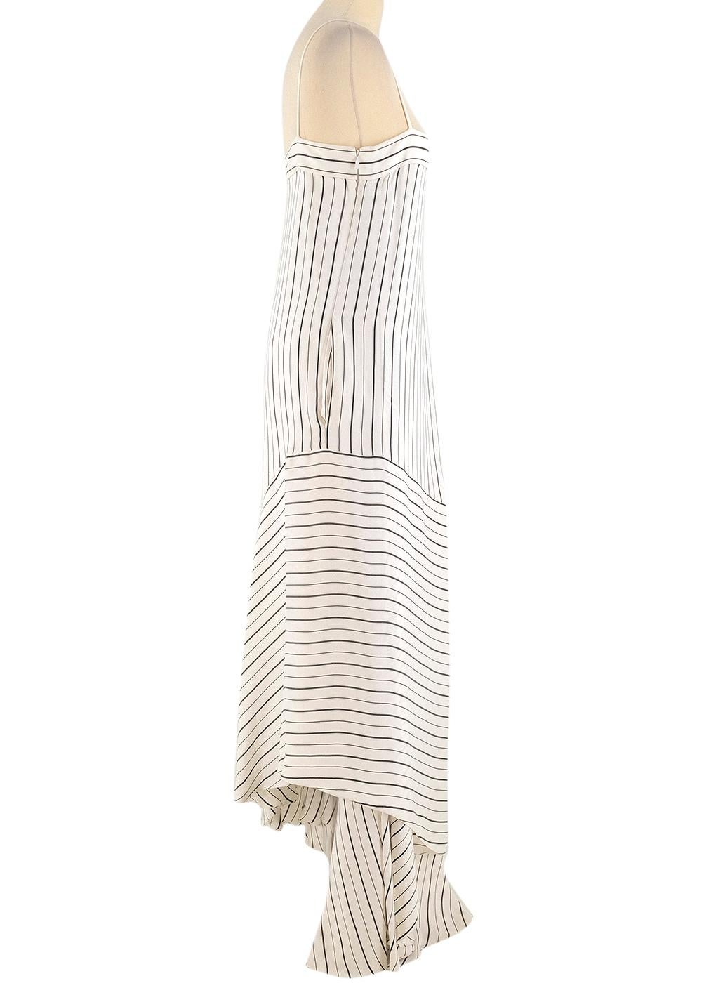 Chloe Striped Asymmetric-Hem Maxi Dress 

- White and black striped, mid-weight maxi dress
- Asymmetrical and flared skirt
- Skinny shoulder straps
- Square neckline
- Side-zip and hook-and-eye fastening
- Right side slanted pocket
- 90% viscose and