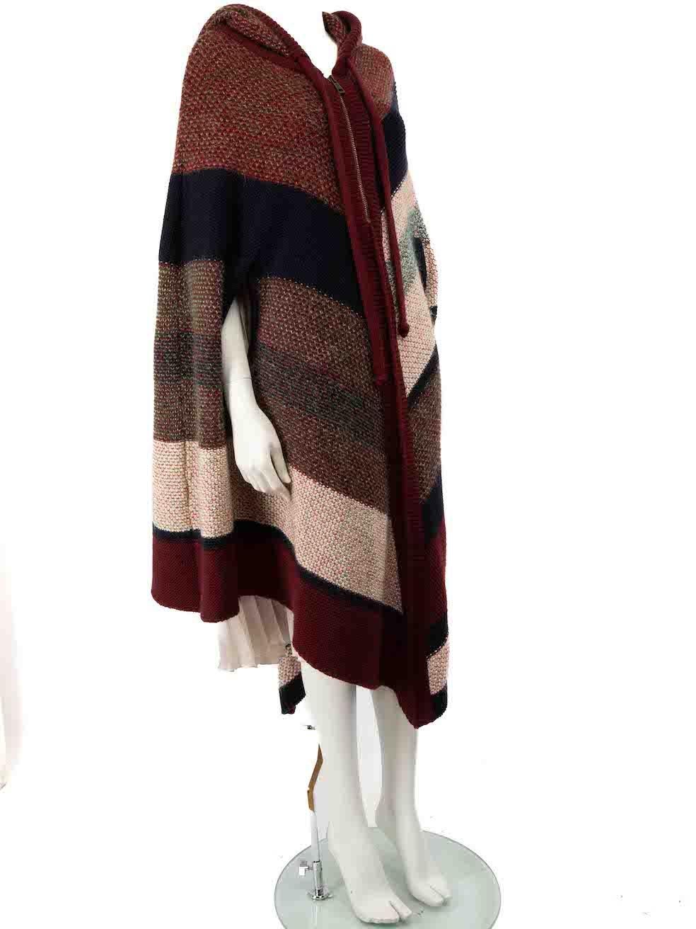 CONDITION is Very good. Minimal wear to cape is evident. Minimal pilling to overall material on this used Chloé designer resale item.
 
 
 
 Details
 
 
 Multicolour-burgundy, navy, cream
 
 Wool
 
 Poncho
 
 Knitted
 
 Hooded
 
 Front half zip