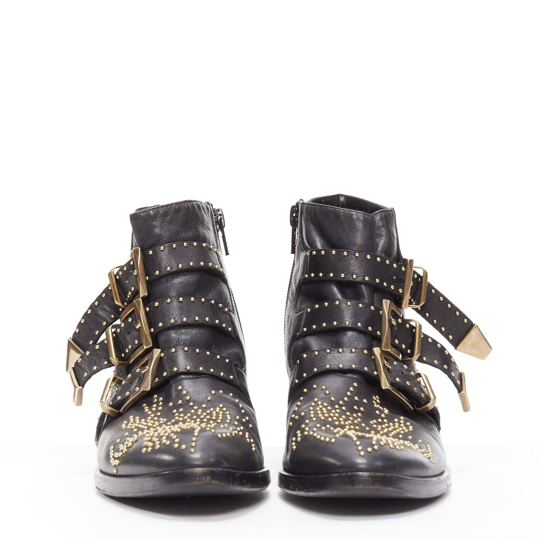 Black CHLOE Susanna black gold micro stud floral embellished buckle ankle boot EU37