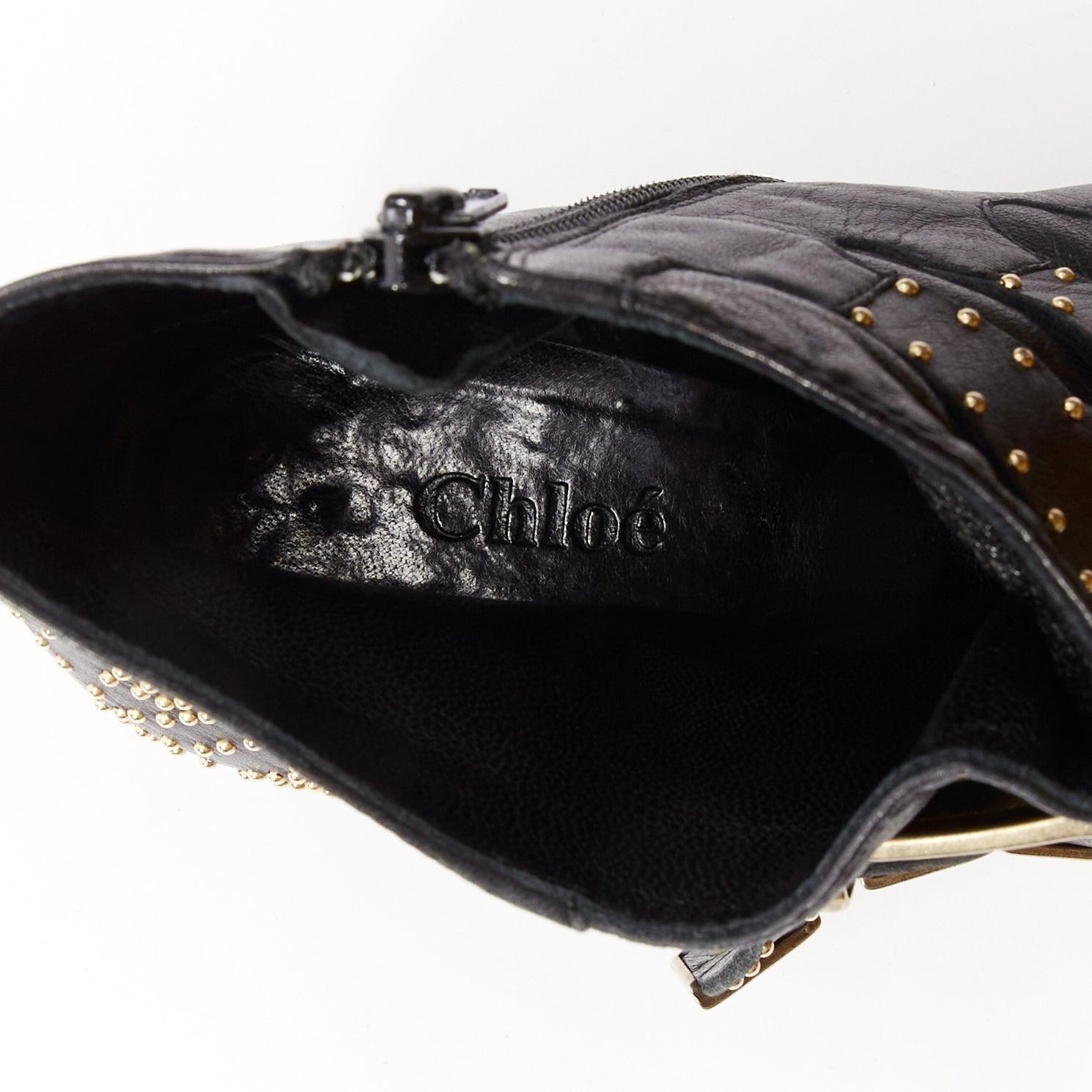 CHLOE Susanna black gold micro stud floral embellished buckle ankle boot EU37 2