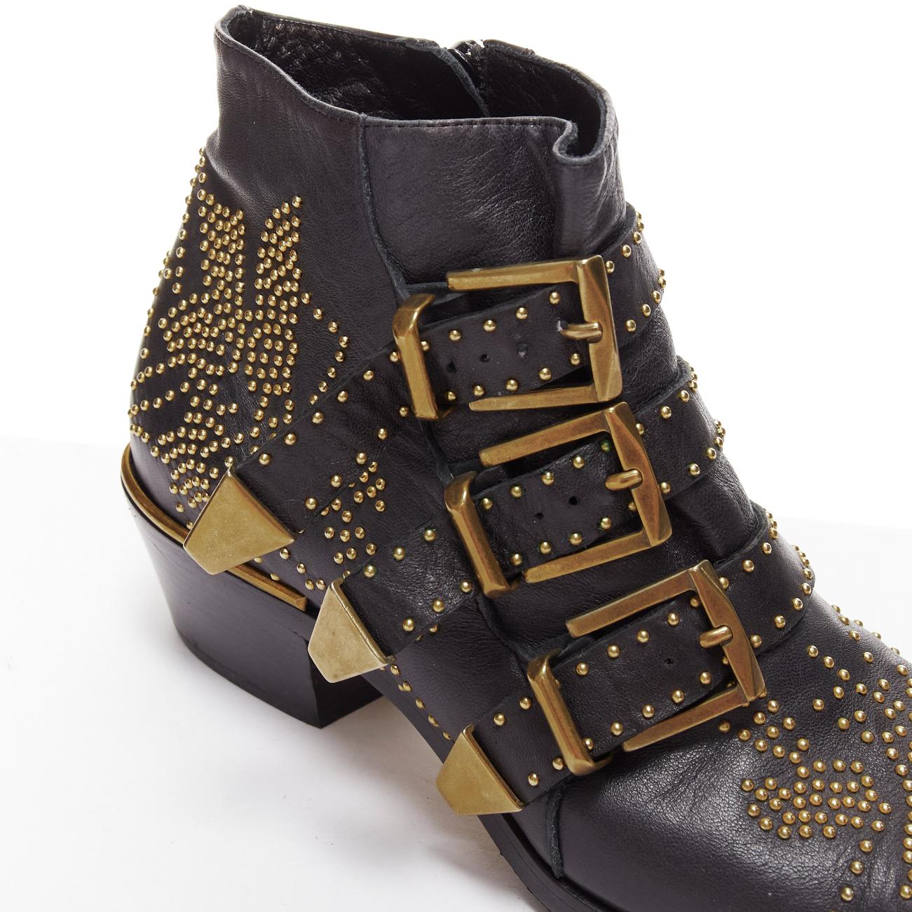 CHLOE Susanna black gold micro stud floral embellished buckle ankle boot EU37 For Sale 3