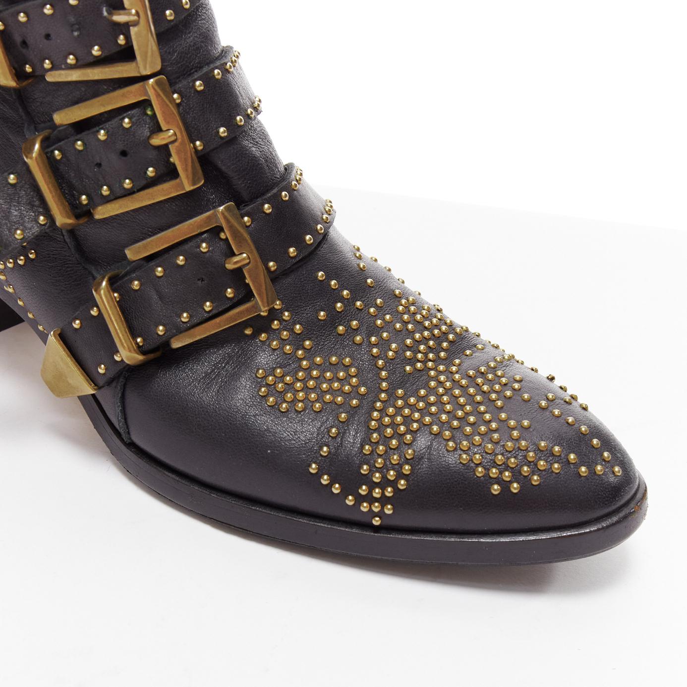 CHLOE Susanna black gold micro stud floral embellished buckle ankle boot EU37 For Sale 4