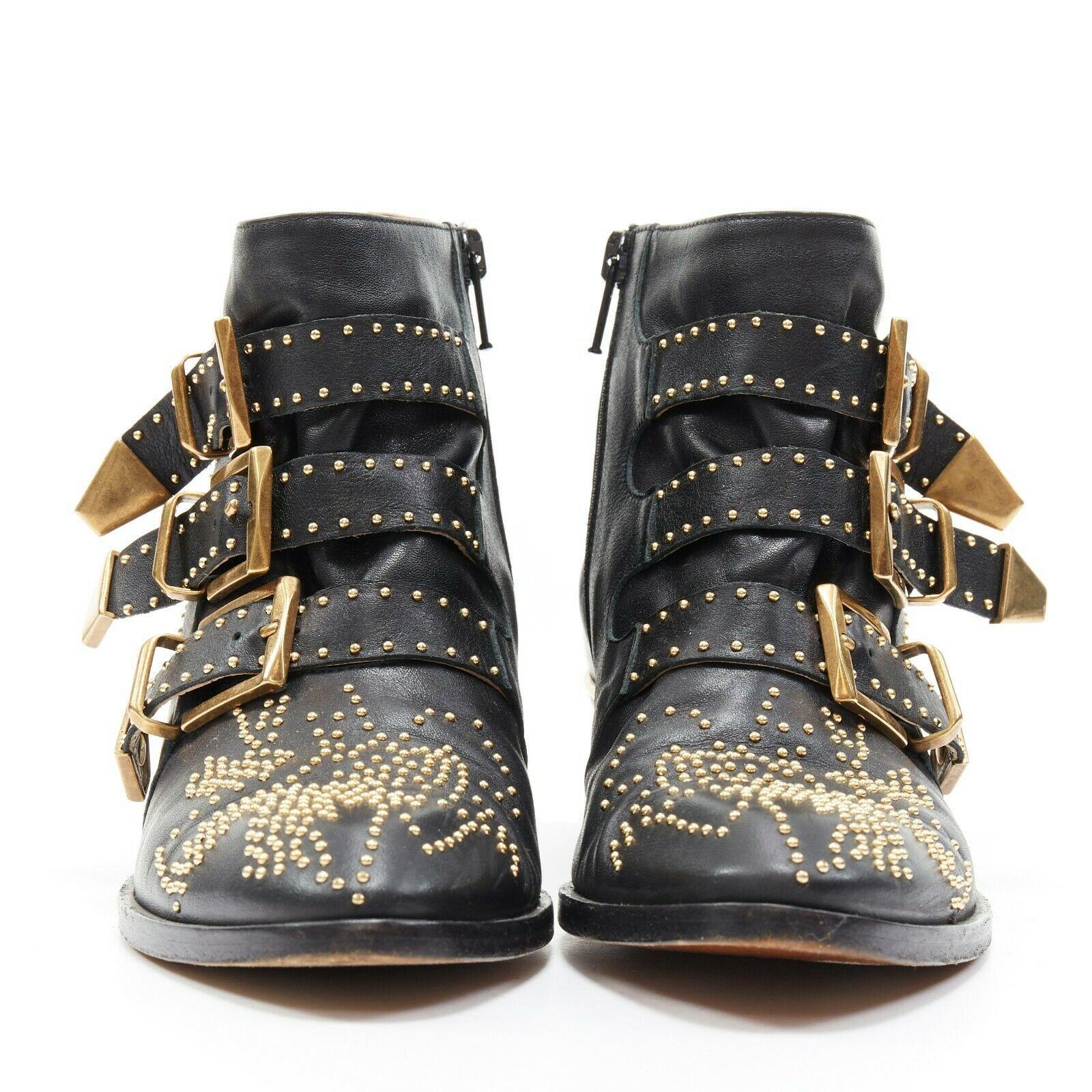 Black CHLOE Susanna black leather gold floral micro stud trio buckle ankle boot EU35