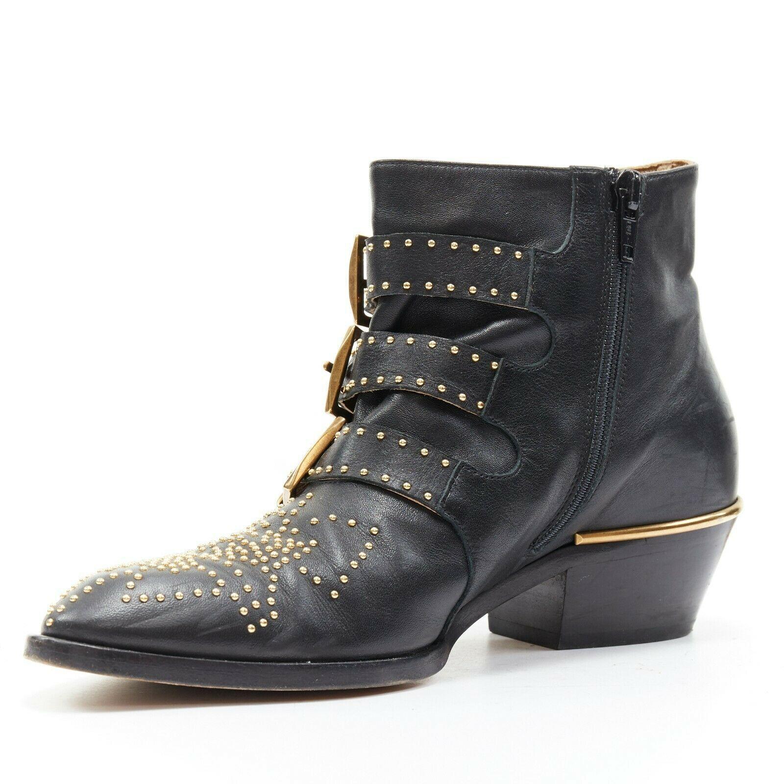 CHLOE Susanna black leather gold floral micro stud trio buckle ankle boot EU35 In Excellent Condition In Hong Kong, NT