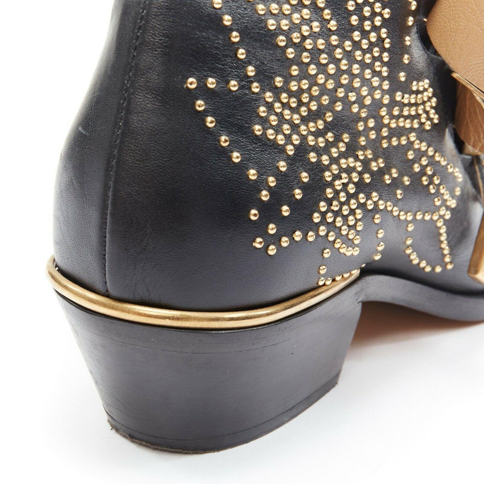 CHLOE Susanna black leather gold floral micro stud trio buckle ankle boot EU35 4