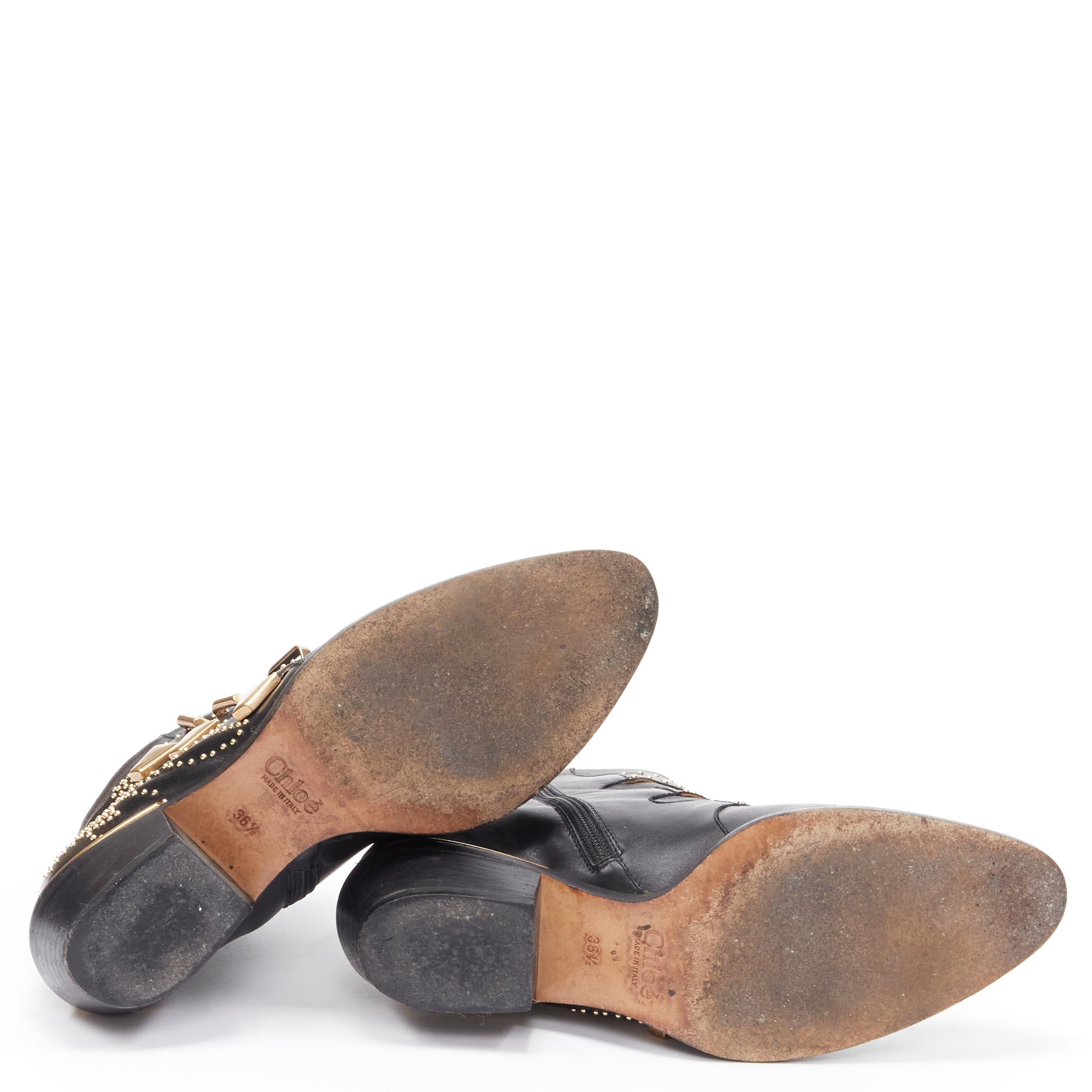 CHLOE Susanna black leather gold floral studded buckle ankle boot EU36.5 6