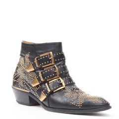 CHLOE Susanna black leather gold floral studded buckle ankle boot EU36.5