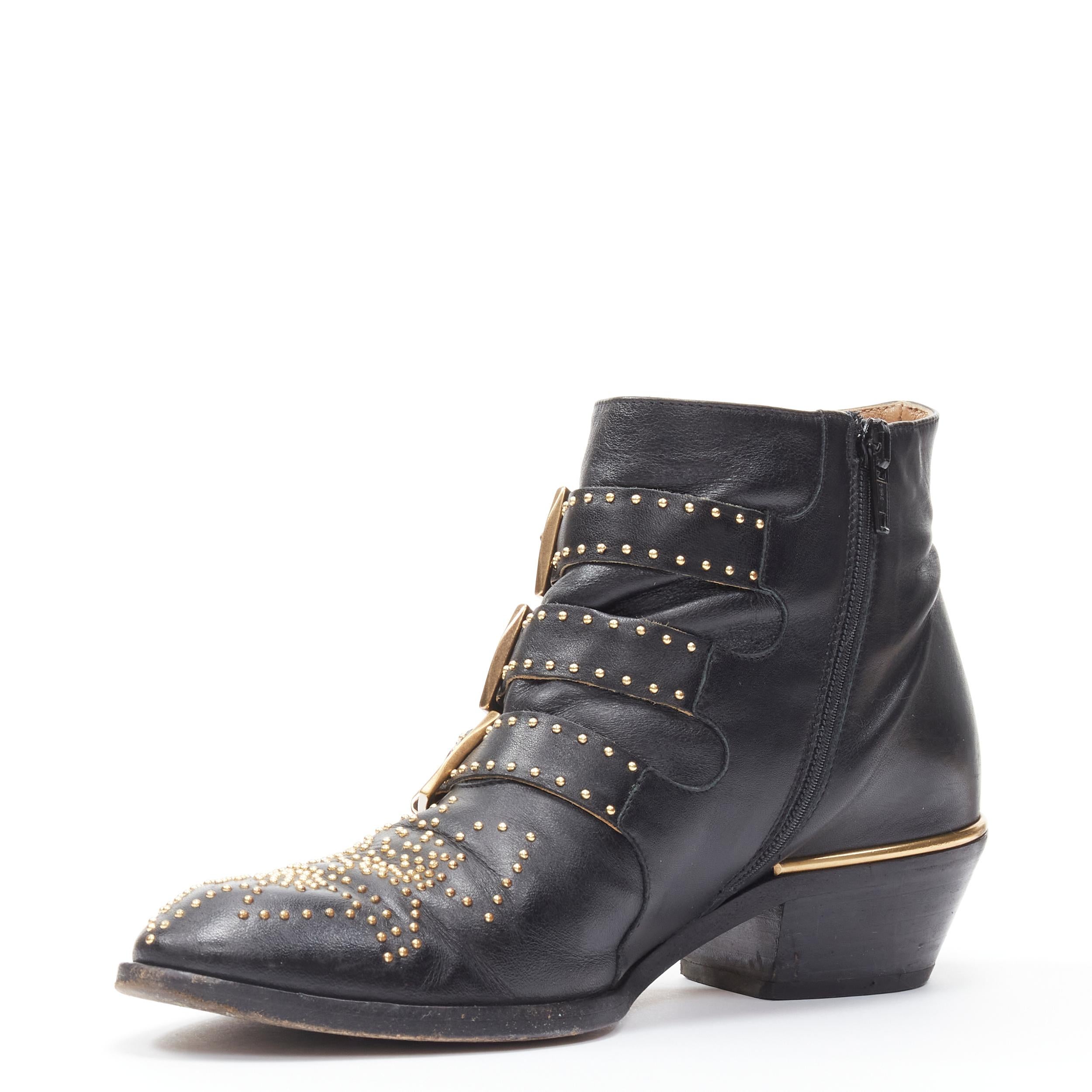 Black CHLOE Susanna black leather gold floral studded buckle ankle boot EU36.5