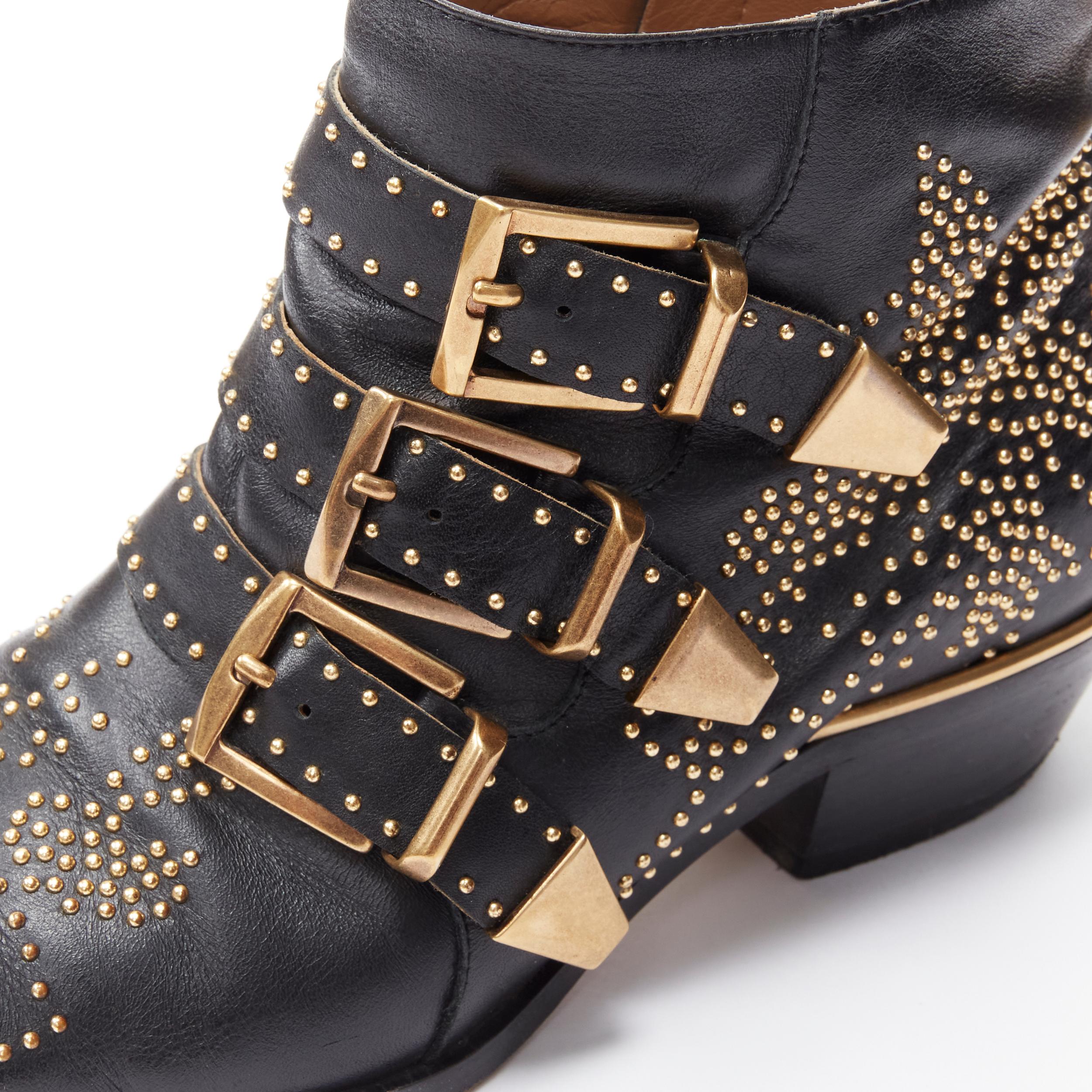 CHLOE Susanna black leather gold floral studded buckle ankle boot EU36.5 1