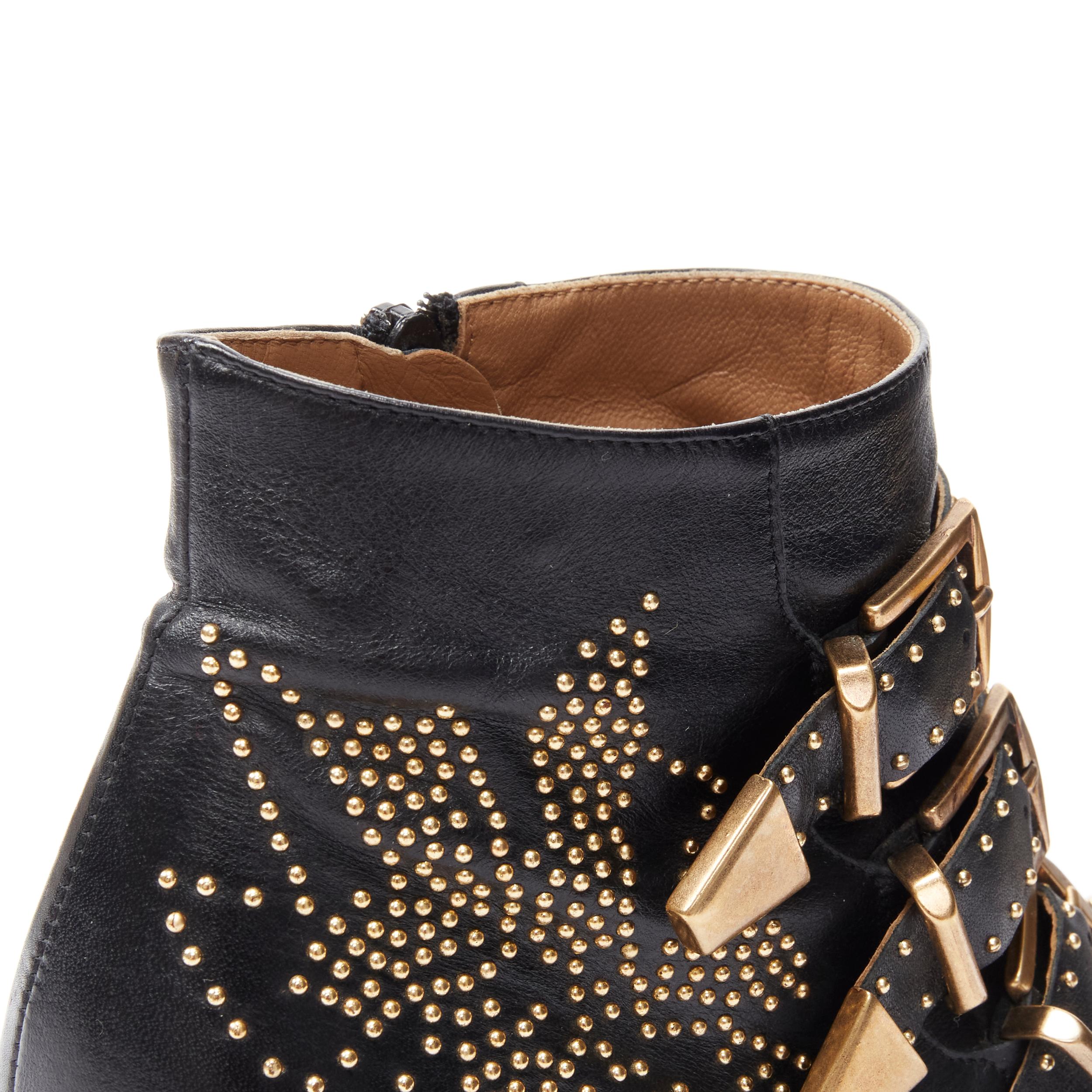 CHLOE Susanna black leather gold floral studded buckle ankle boot EU36.5 3