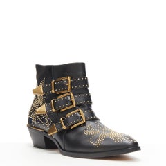 CHLOE Susanna black leather gold studded flower buckle western ankle boot EU38