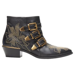 CHLOE Susanna black leather gold studded flower buckle western ankle boot EU38