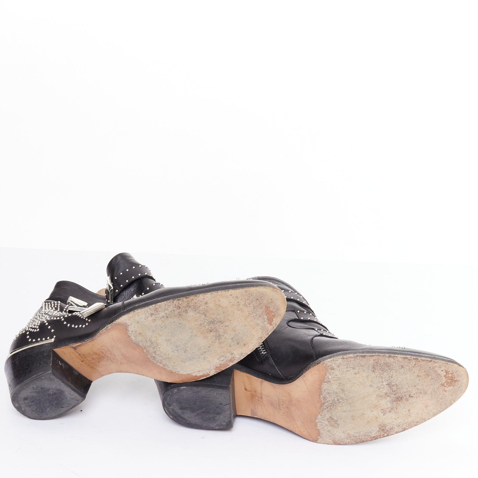 CHLOE Susanna cuir noir boucles cloutées argentées rock grunge boots EU39 en vente 6
