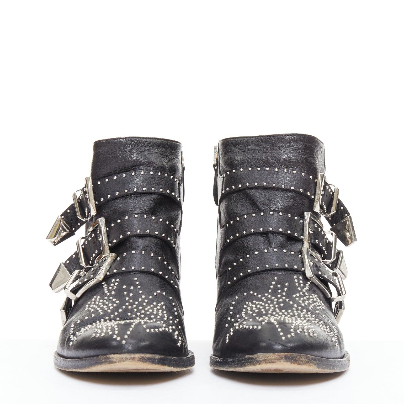 Gris CHLOE Susanna cuir noir boucles cloutées argentées rock grunge boots EU39 en vente