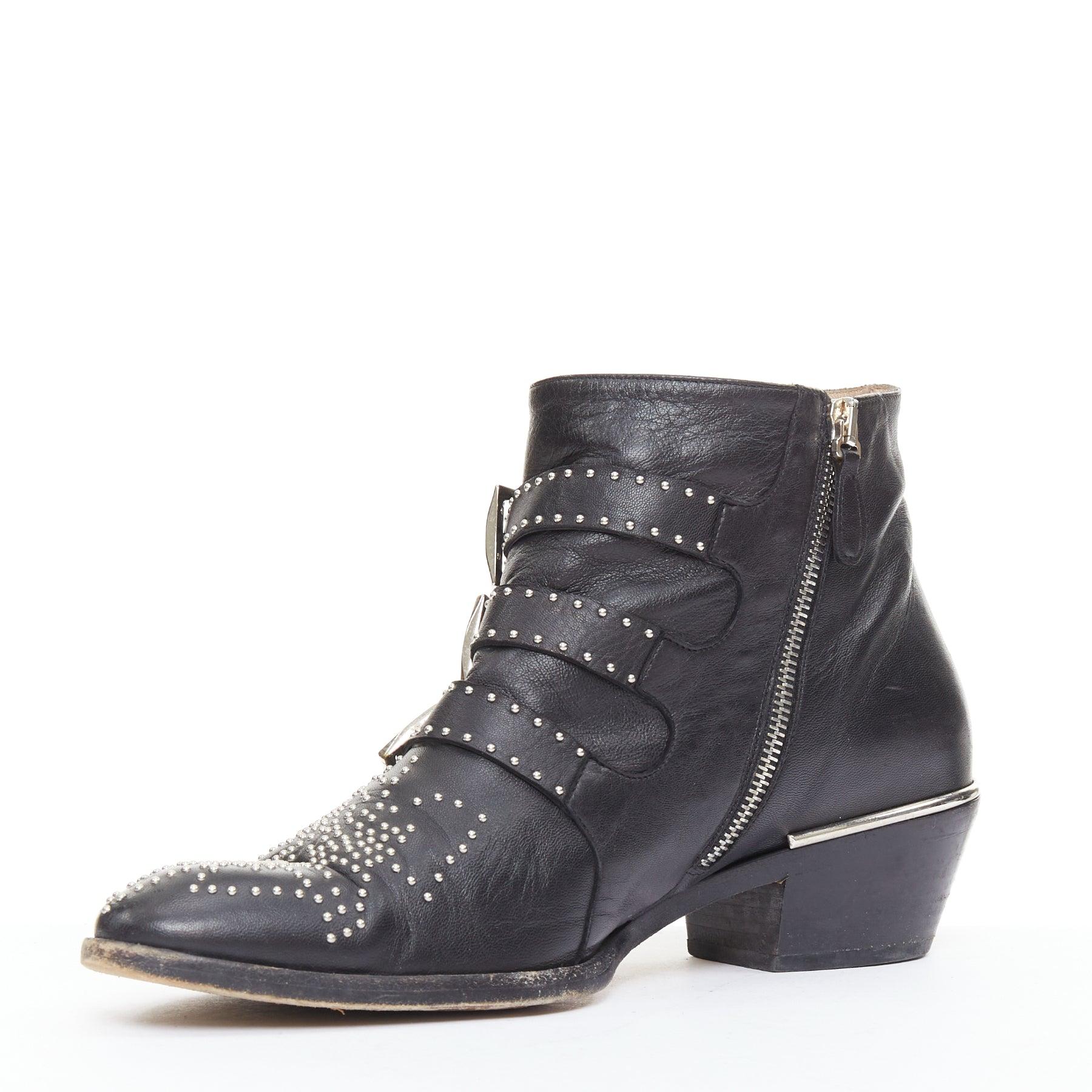 CHLOE Susanna cuir noir boucles cloutées argentées rock grunge boots EU39 État moyen - En vente à Hong Kong, NT