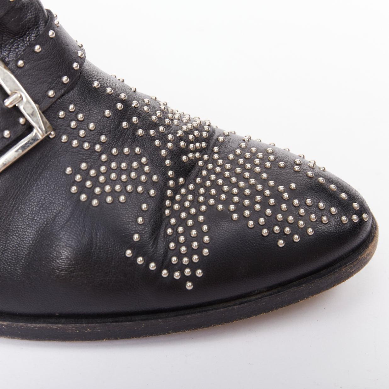 CHLOE Susanna cuir noir boucles cloutées argentées rock grunge boots EU39 en vente 2