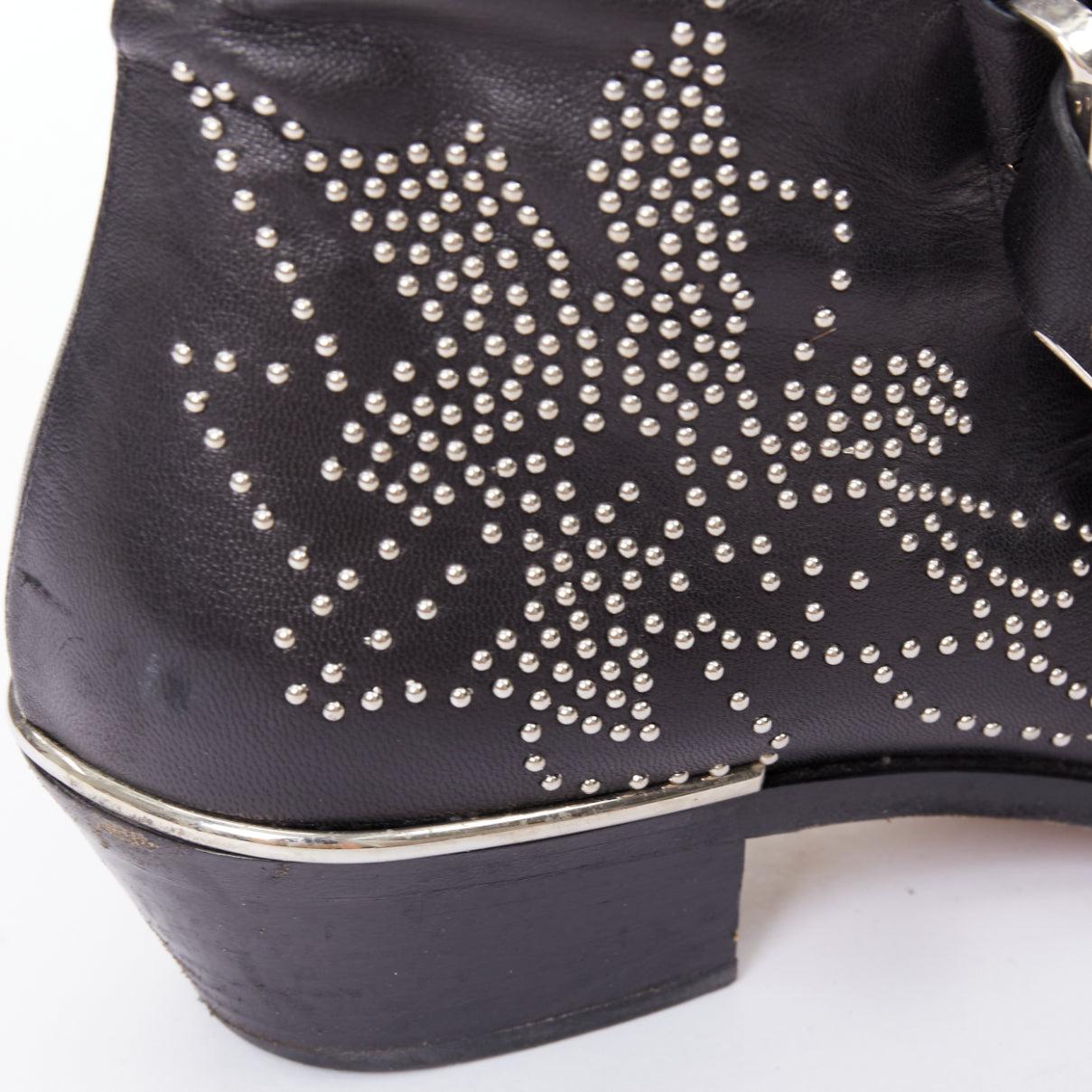 CHLOE Susanna cuir noir boucles cloutées argentées rock grunge boots EU39 en vente 3