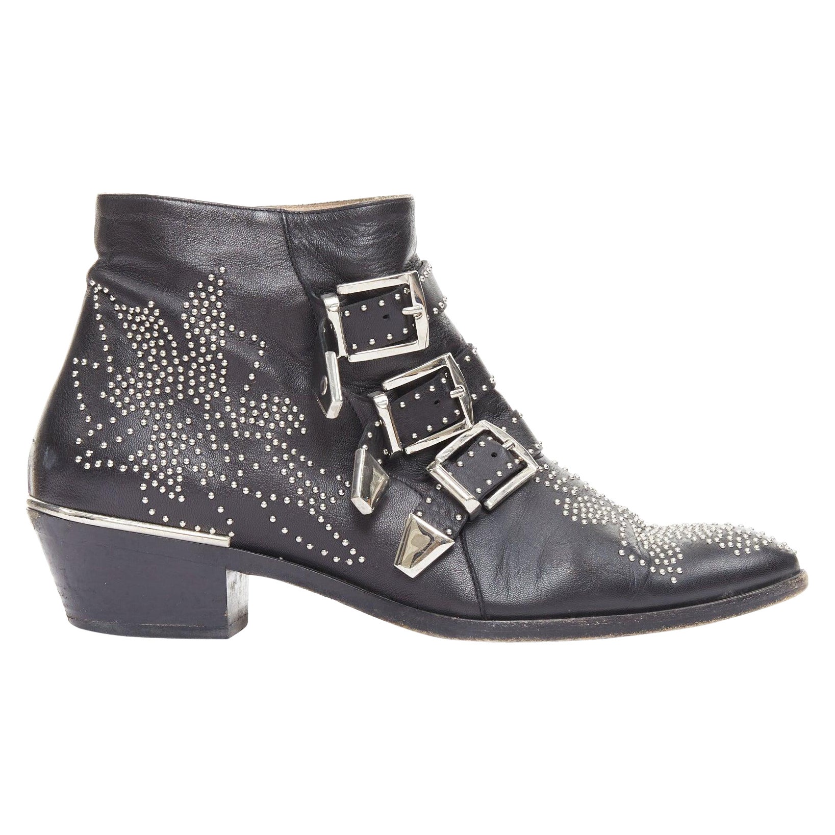 CHLOE Susanna cuero negro hebillas tachonadas plata botas rock grunge EU39
