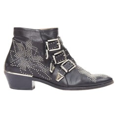 CHLOE Susanna black leather silver studded buckles rock grunge boots EU39