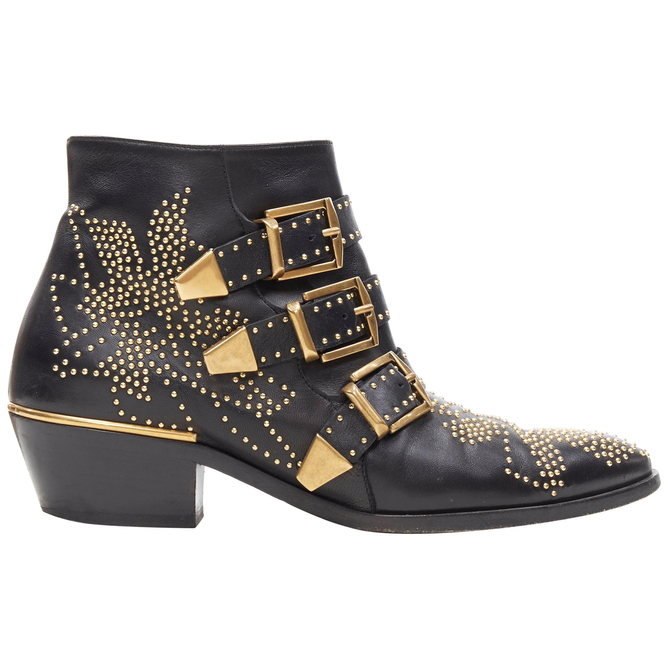 CHLOE Susanna classic black gold floral studded trio buckle flat ankle boot EU36
