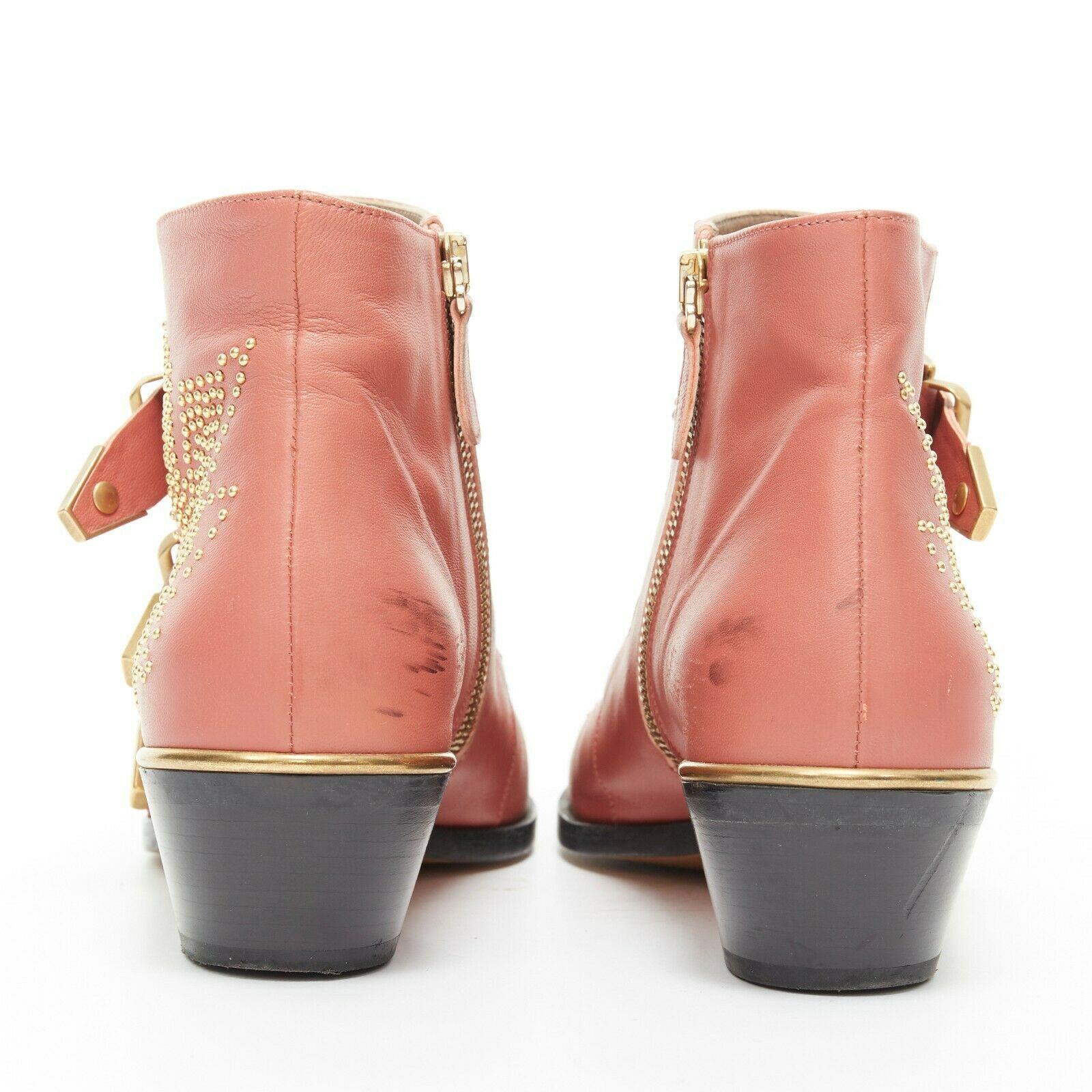 CHLOE Susanna dusty rose pink gold floral micro stud trio buckle ankle boot EU37 In Good Condition In Hong Kong, NT