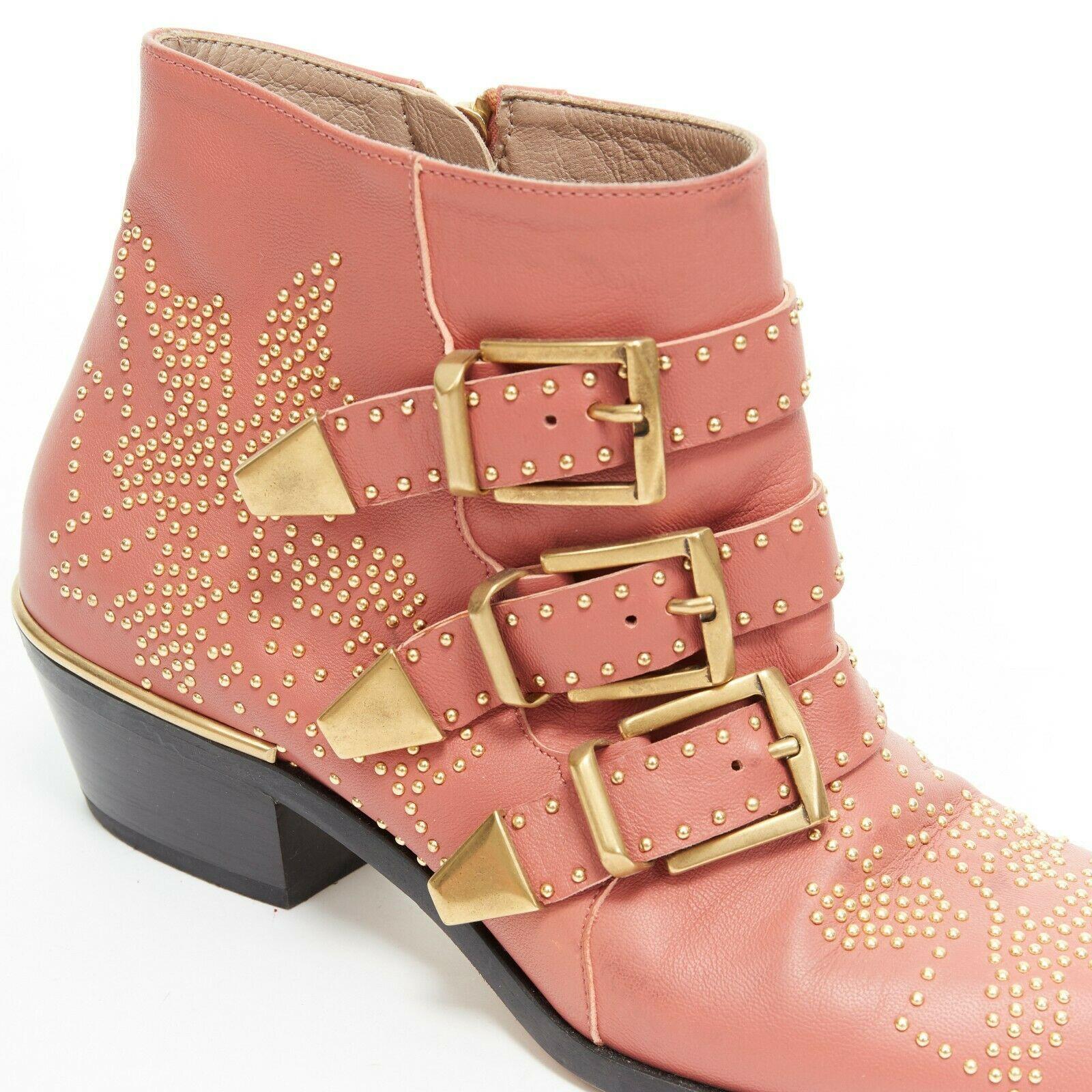 CHLOE Susanna dusty rose pink gold floral micro stud trio buckle ankle boot EU37 2