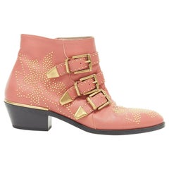 Used CHLOE Susanna dusty rose pink gold floral micro stud trio buckle ankle boot EU37