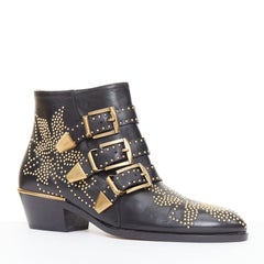 CHLOE Susanna leather gold floral studded triple buckles grunge ankle boots EU36