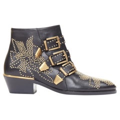 CHLOE Susanna leather gold floral studded triple buckles grunge ankle boots EU36