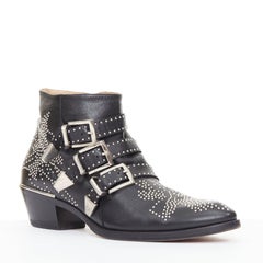 CHLOE Susanna leather silver floral studded triple buckle grunge ankle boots