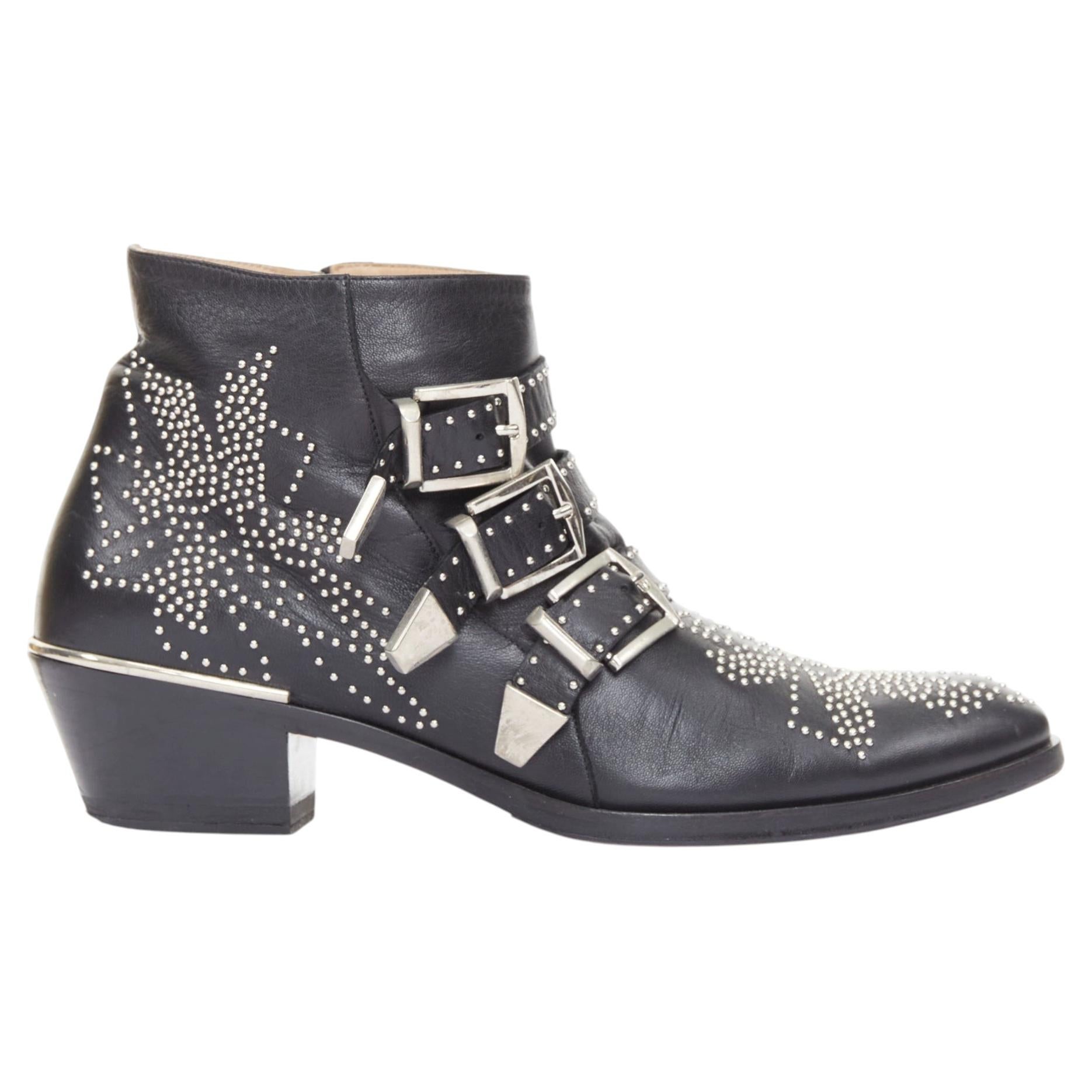 CHLOE Susanna leather silver floral studded triple buckle grunge ankle boots For Sale