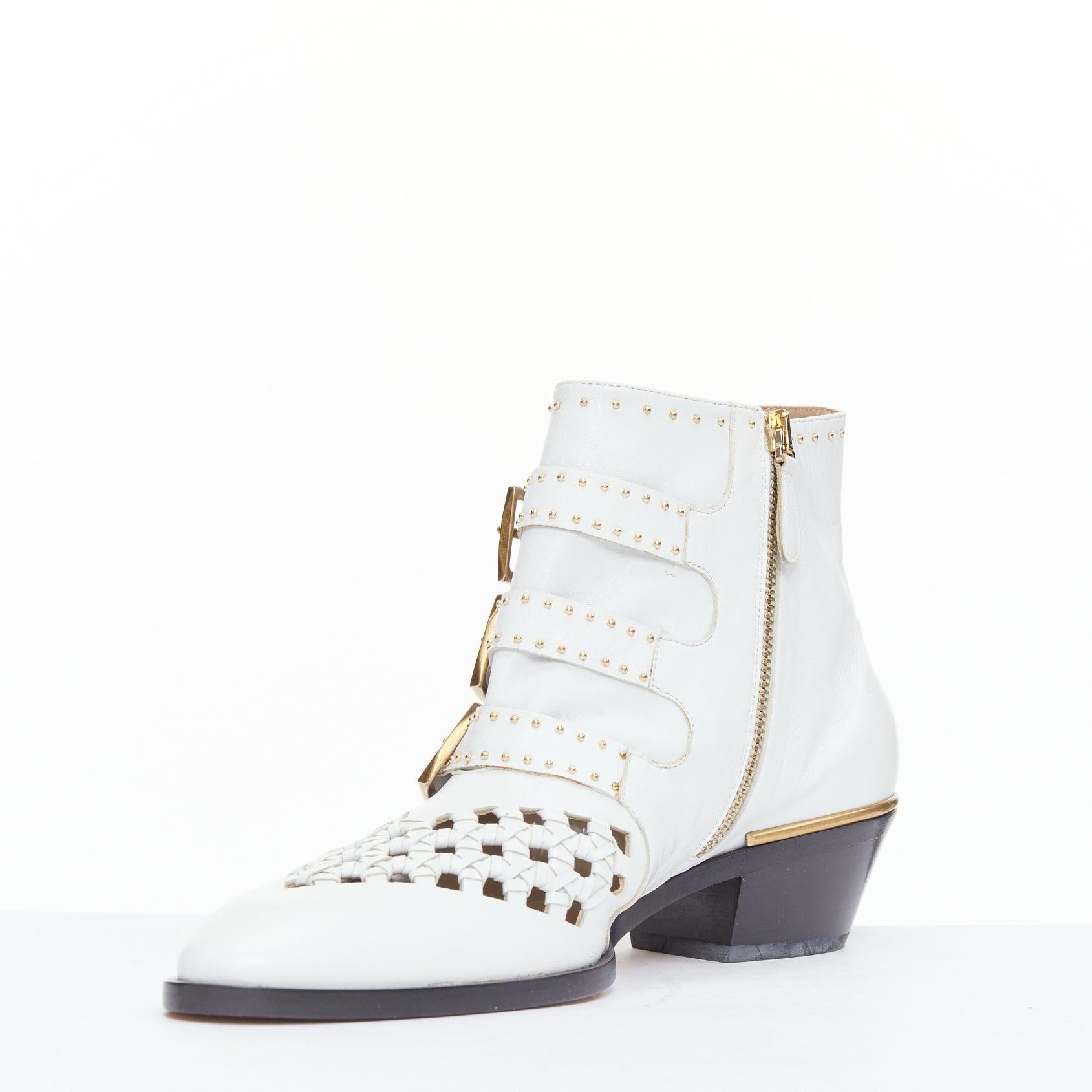 CHLOE Susanna white leather gold hardware cut out cowboy boots EU39 In Good Condition In Hong Kong, NT