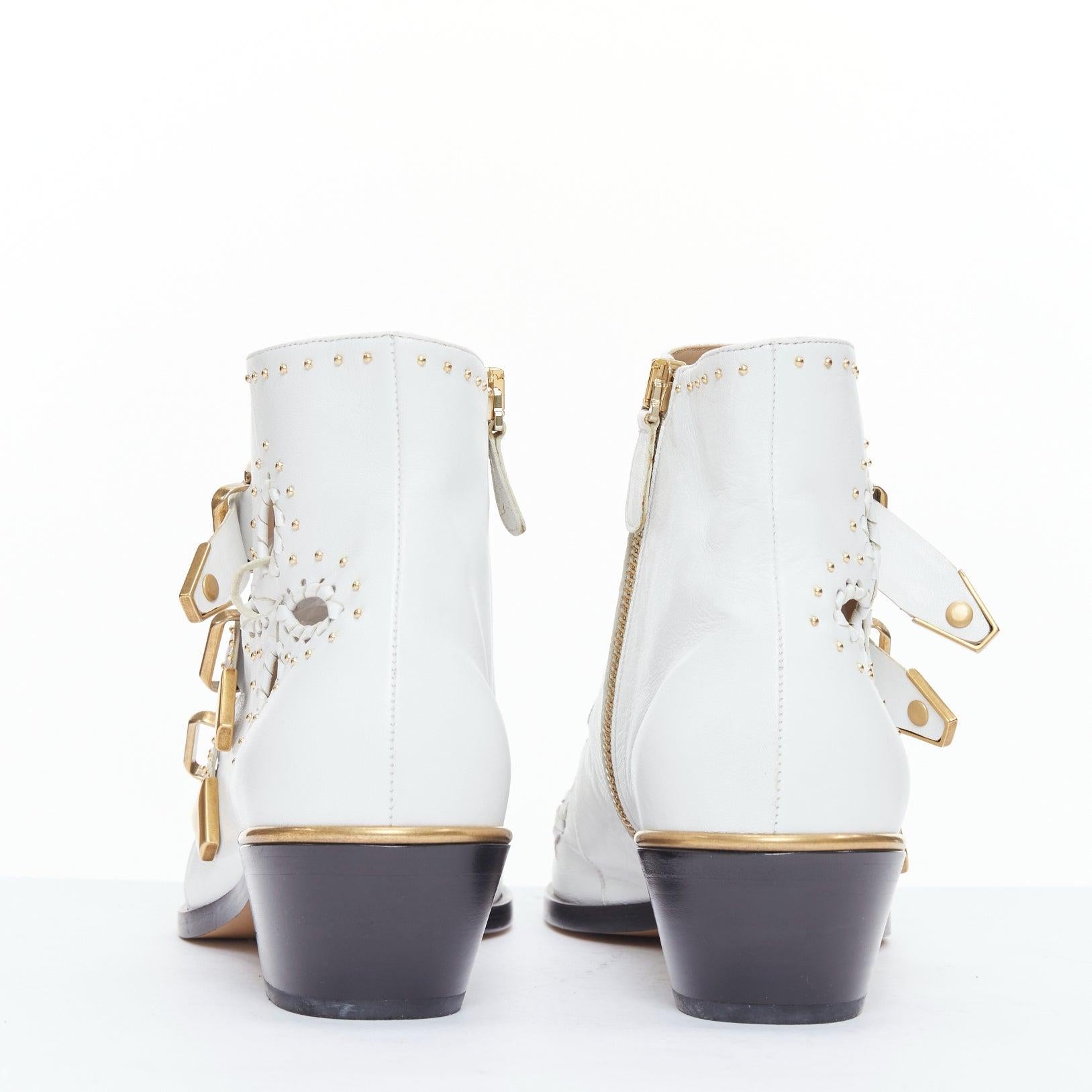 Women's CHLOE Susanna white leather gold hardware cut out cowboy boots EU39