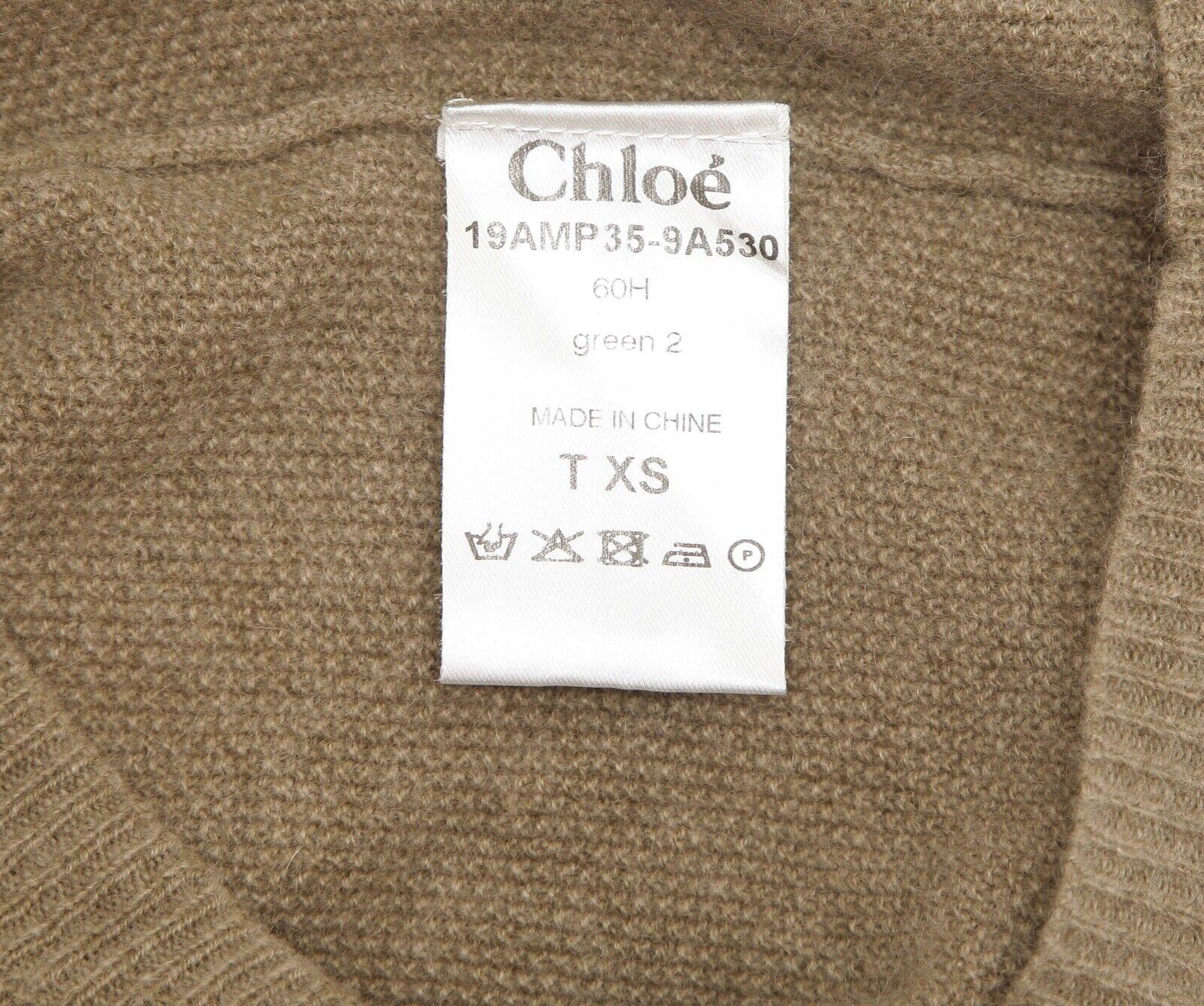 CHLOE Sweater Knit Top Shirt Long Sleeve Cashmere Mossy Green V-Neck XS For Sale 2