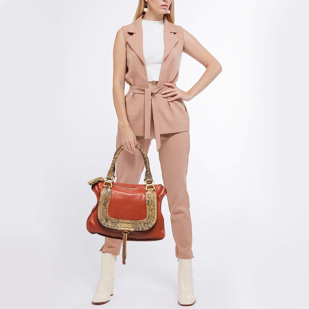 Chloe Tan/Beige Python And Leather Marcie Shoulder Bag In Fair Condition For Sale In Dubai, Al Qouz 2