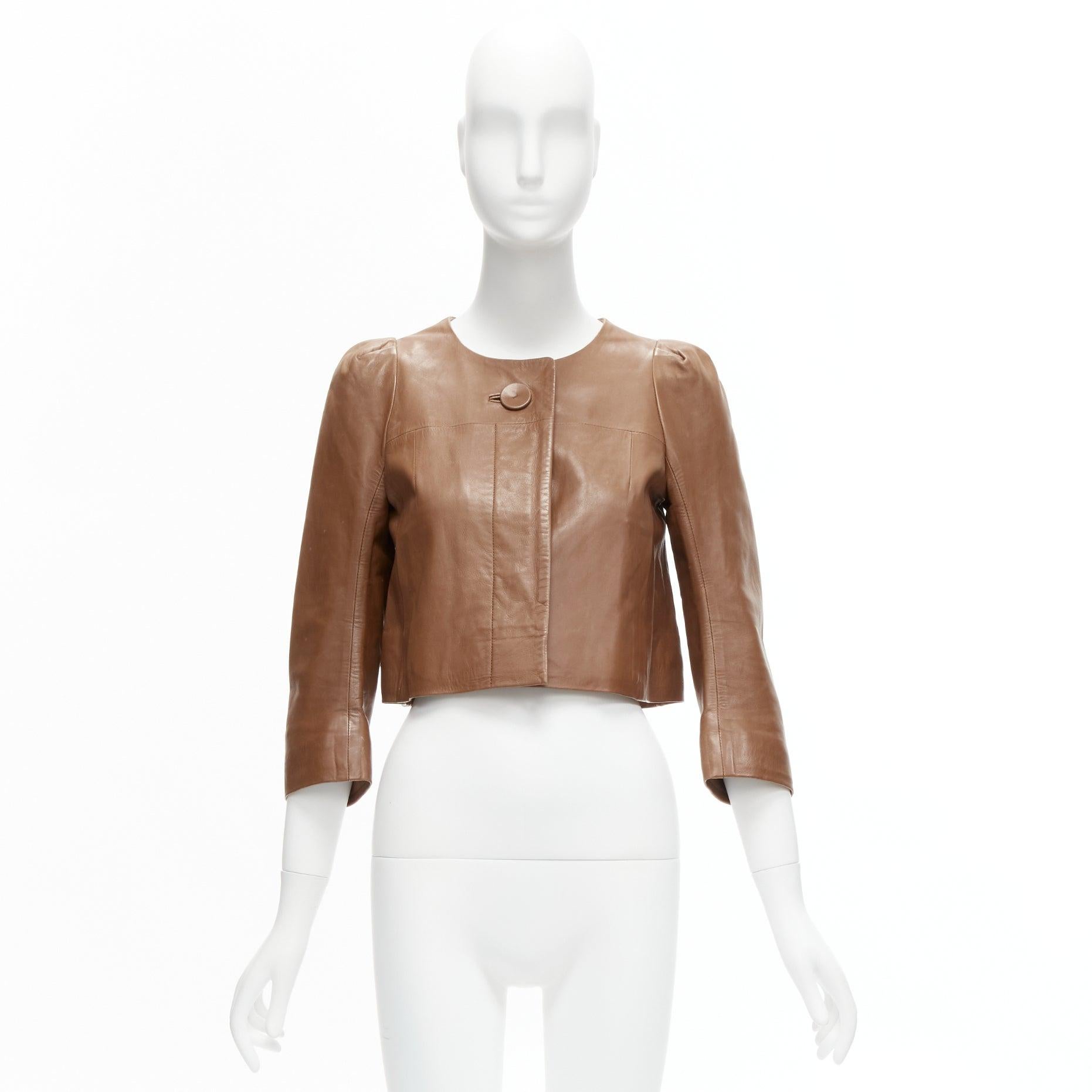 CHLOE tan brown lambskin leather big button cropped jacket FR36 S For Sale 7