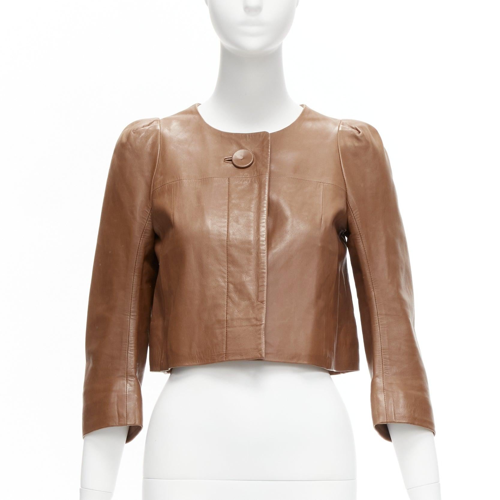 CHLOE tan brown lambskin leather big button cropped jacket FR36 S In Fair Condition For Sale In Hong Kong, NT