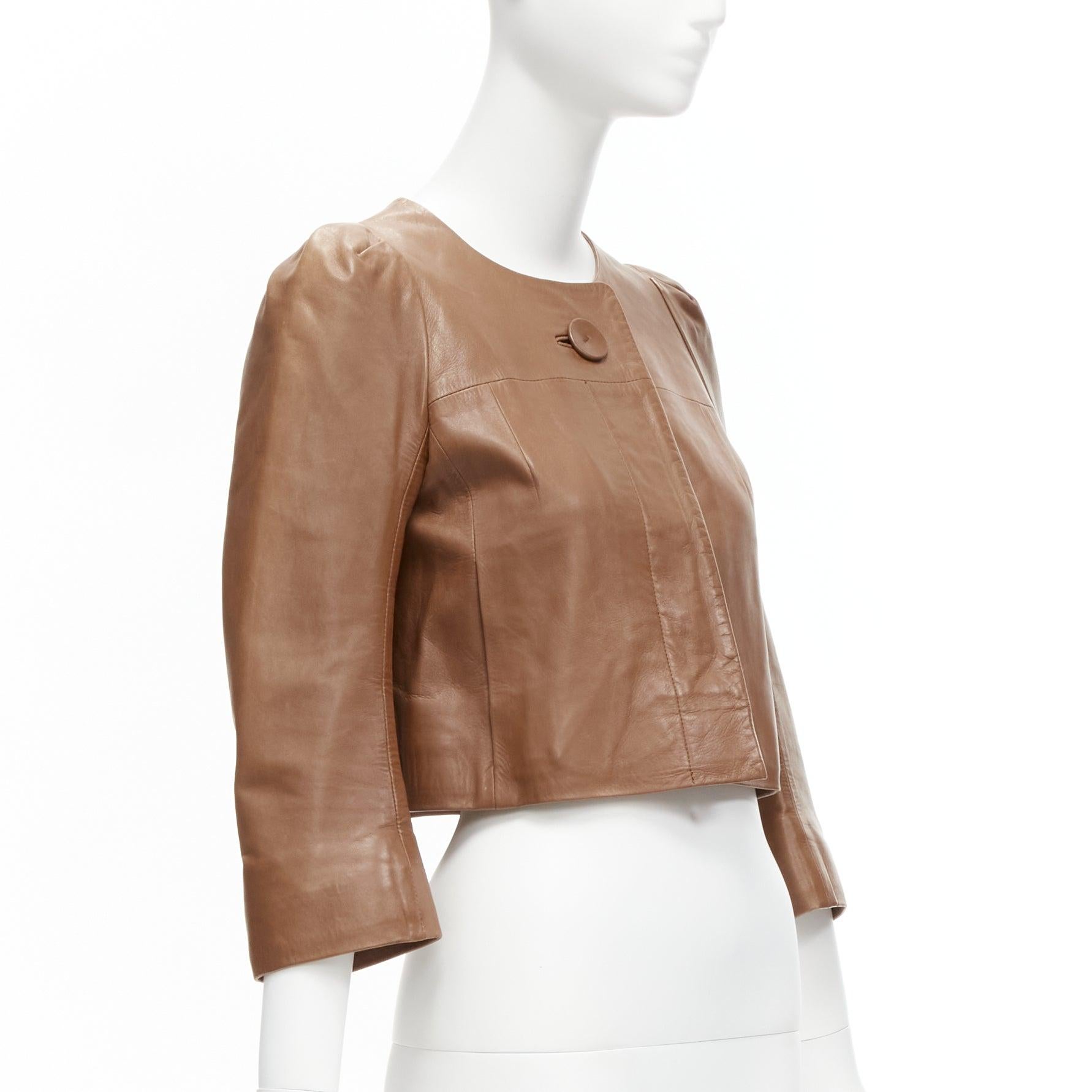 Women's CHLOE tan brown lambskin leather big button cropped jacket FR36 S