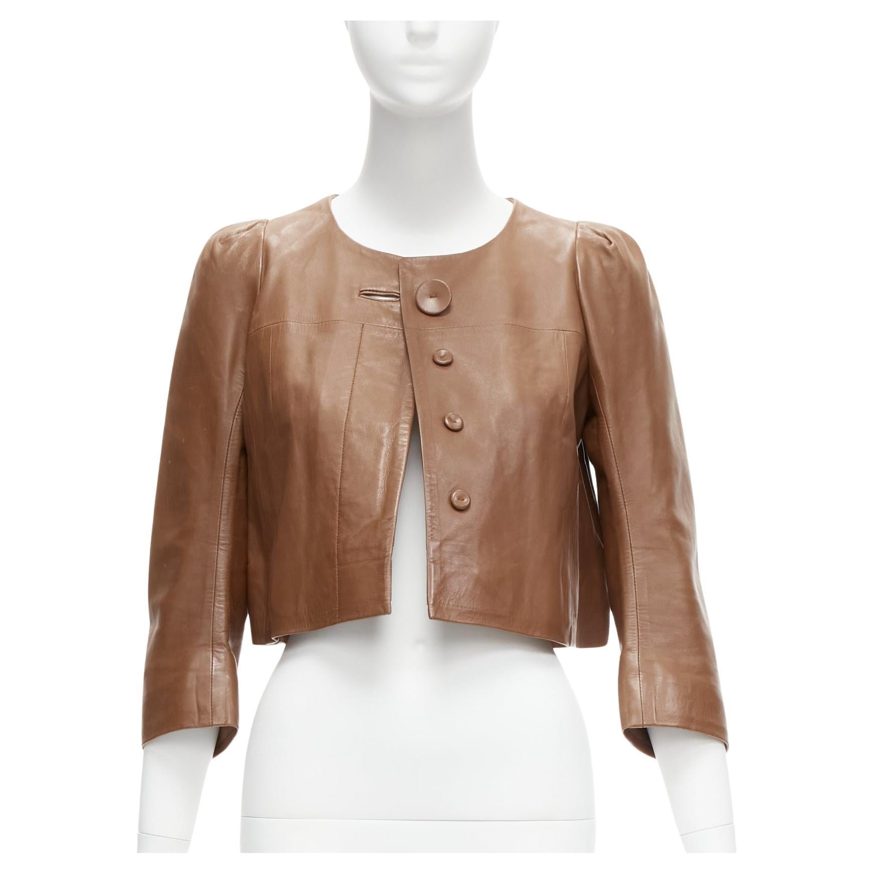 CHLOE tan brown lambskin leather big button cropped jacket FR36 S For Sale