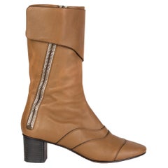 CHLOE tan brown leather ZIPPER Mid-Calf Boots Shoes 39.5