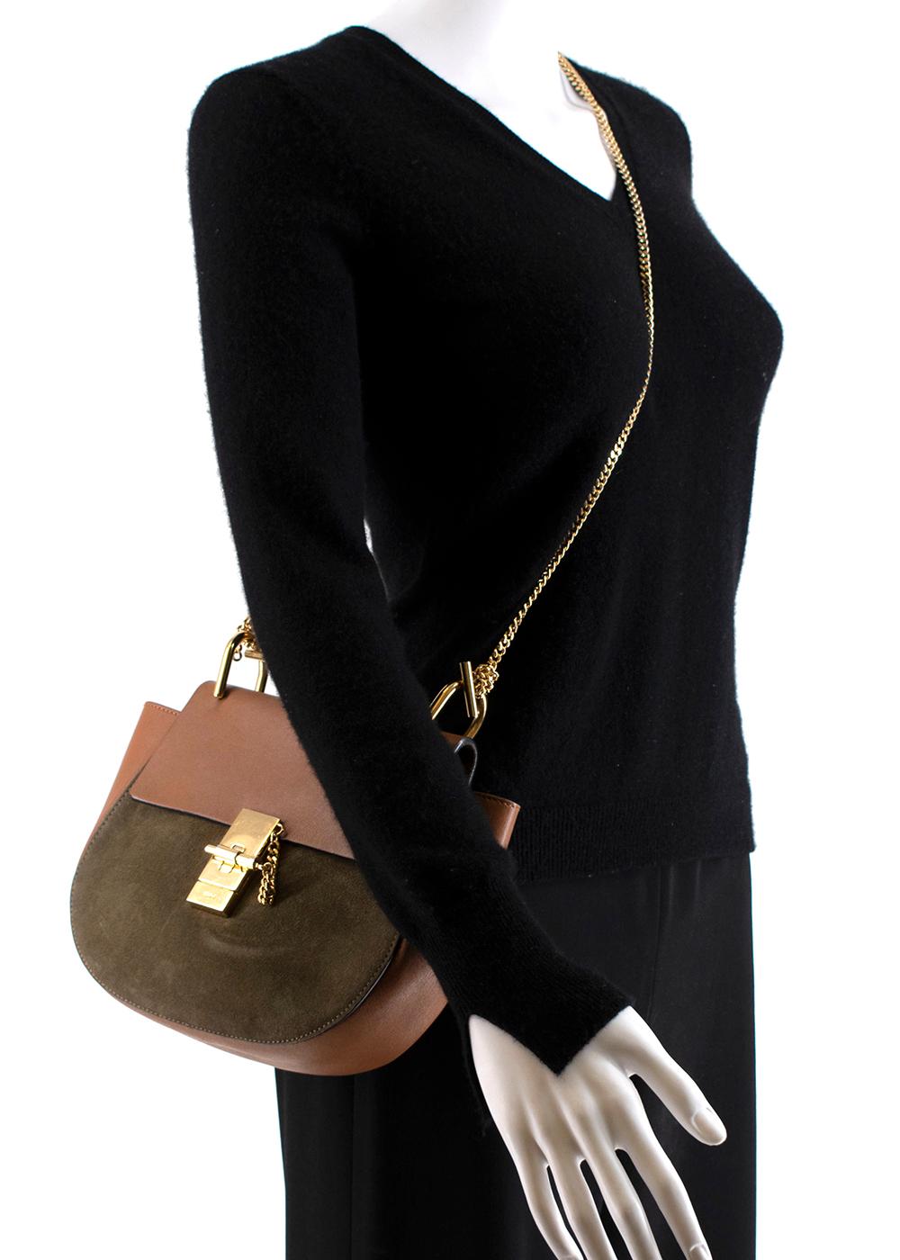 Brown Chloe Tan/Khaki 'Drew' Suede & Leather Shoulder Bag For Sale