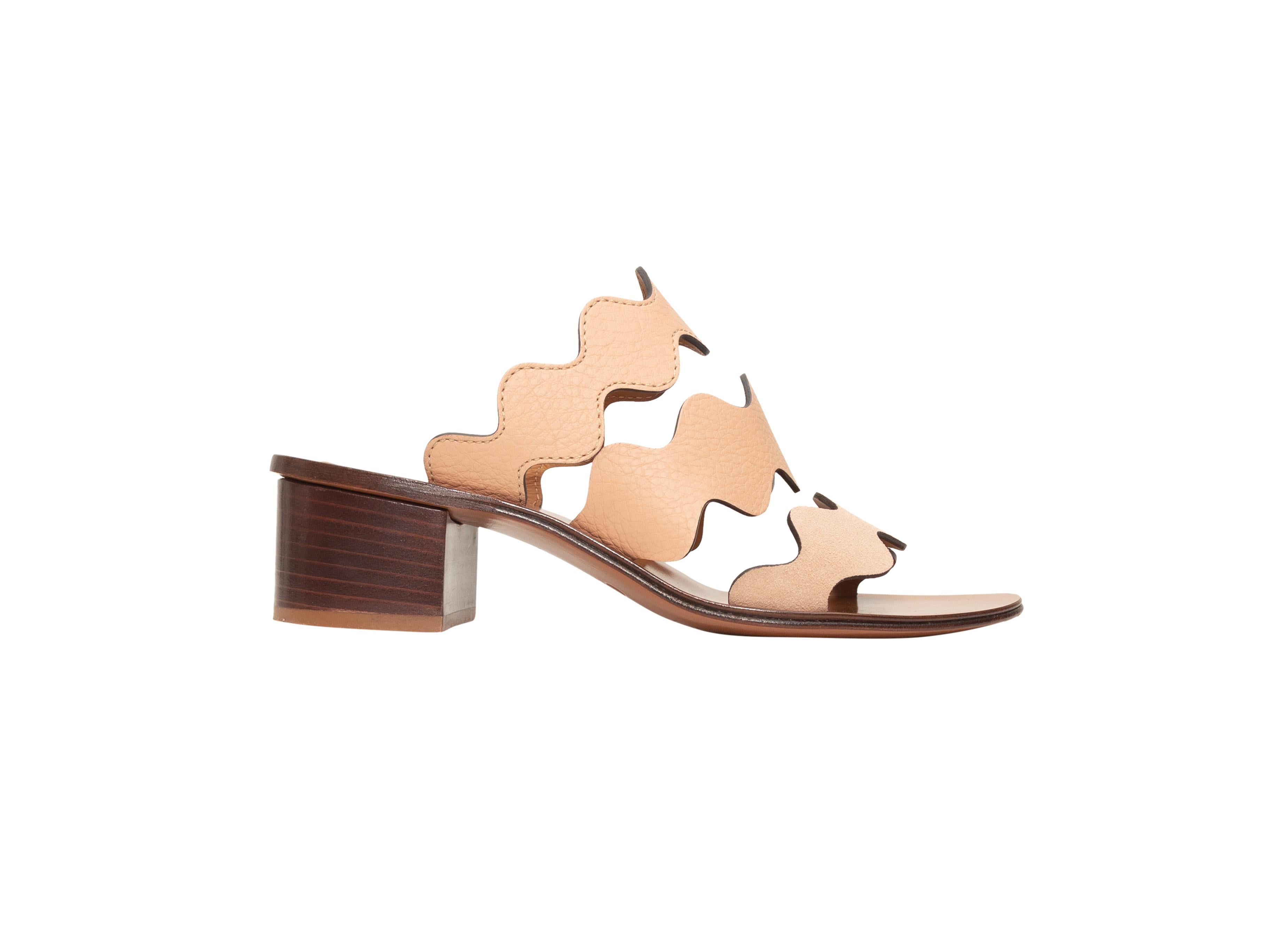 Product details: Tan leather and suede Lauren triple strap sandals by Chloe. Stacked heels. Designer size 36.5. 2