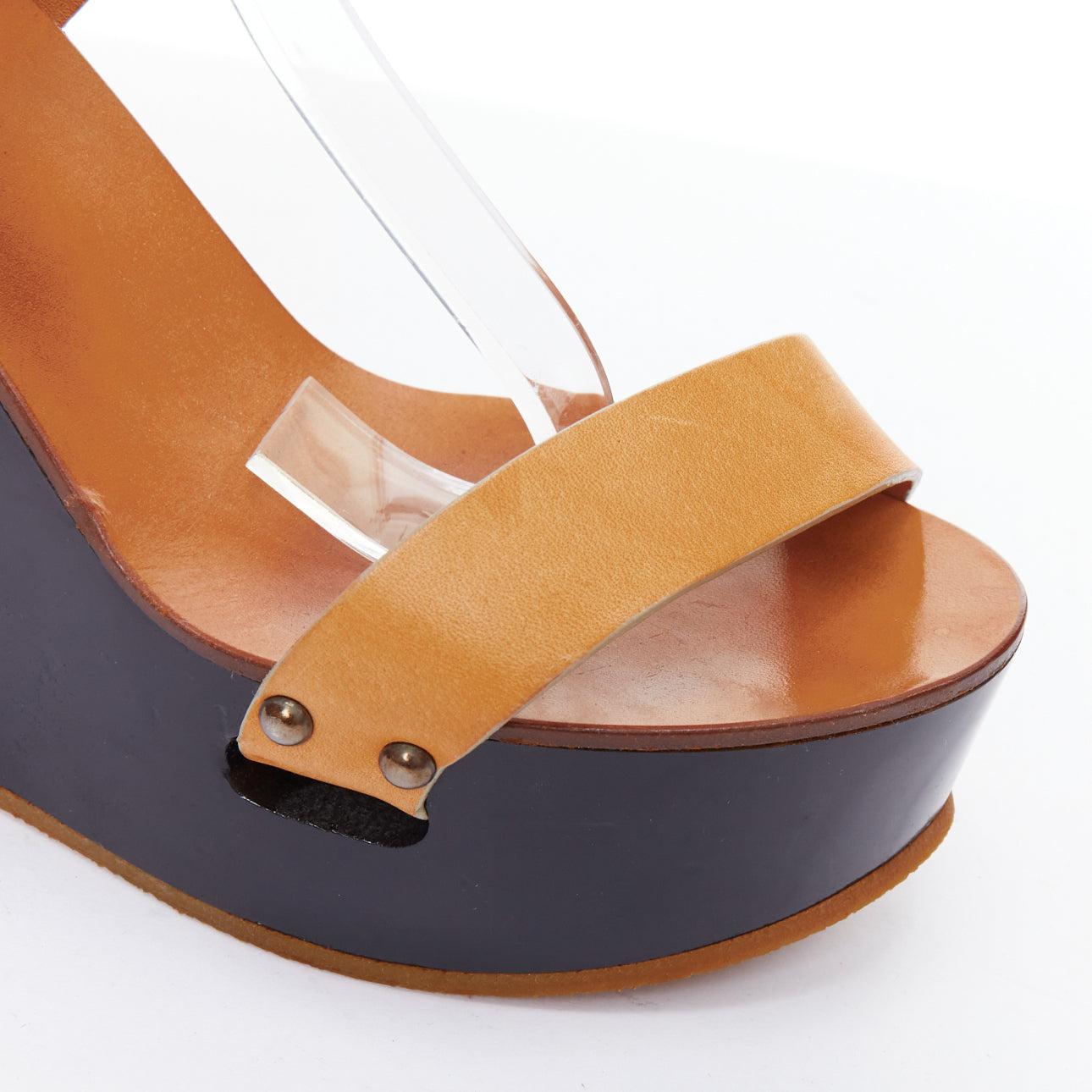 CHLOE tan leather black wooden strappy wedge clog sandals EU36 For Sale 2