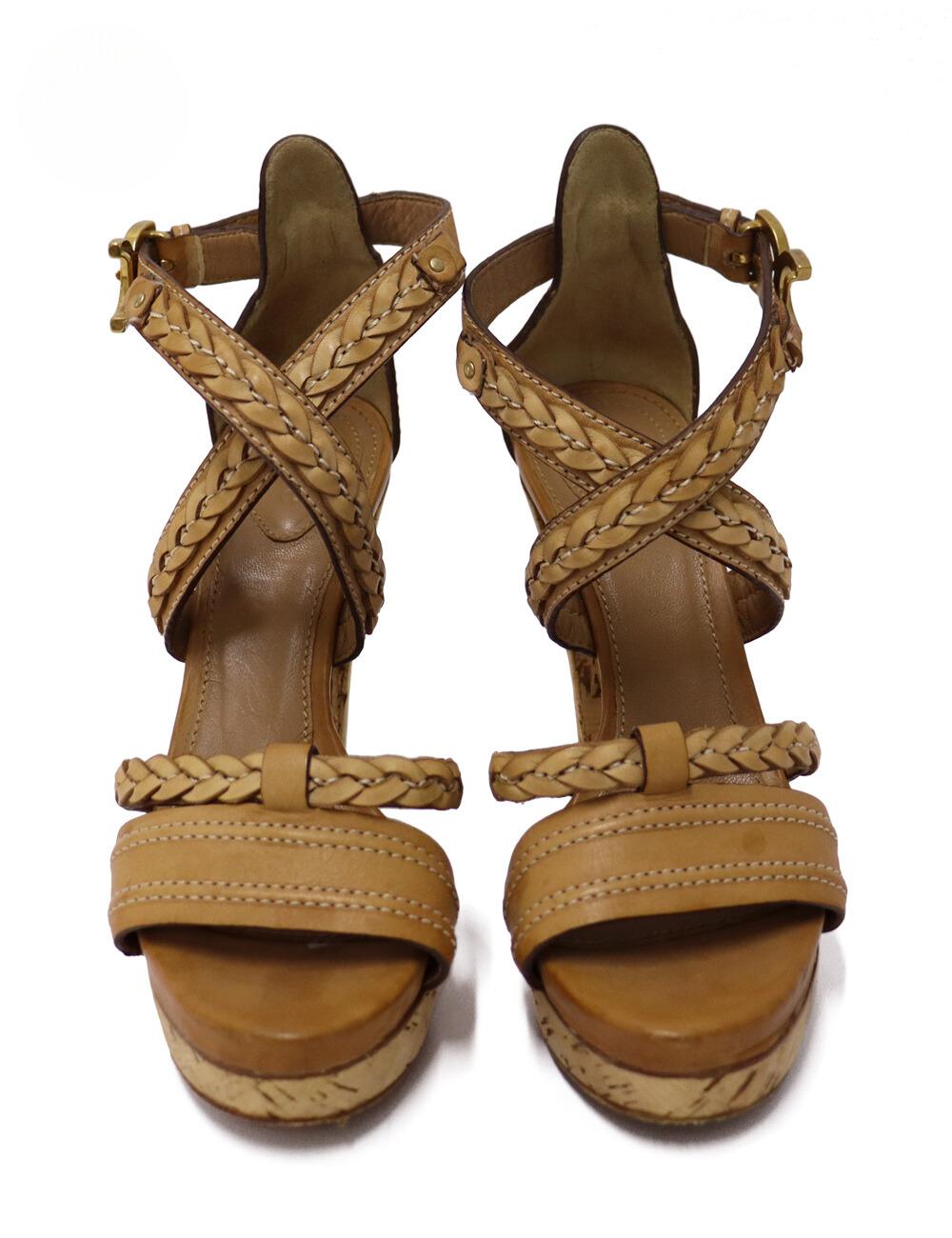 Chloé Tan Leather Braided Wooden Platform Sandals EU 37 In Fair Condition In Amman, JO