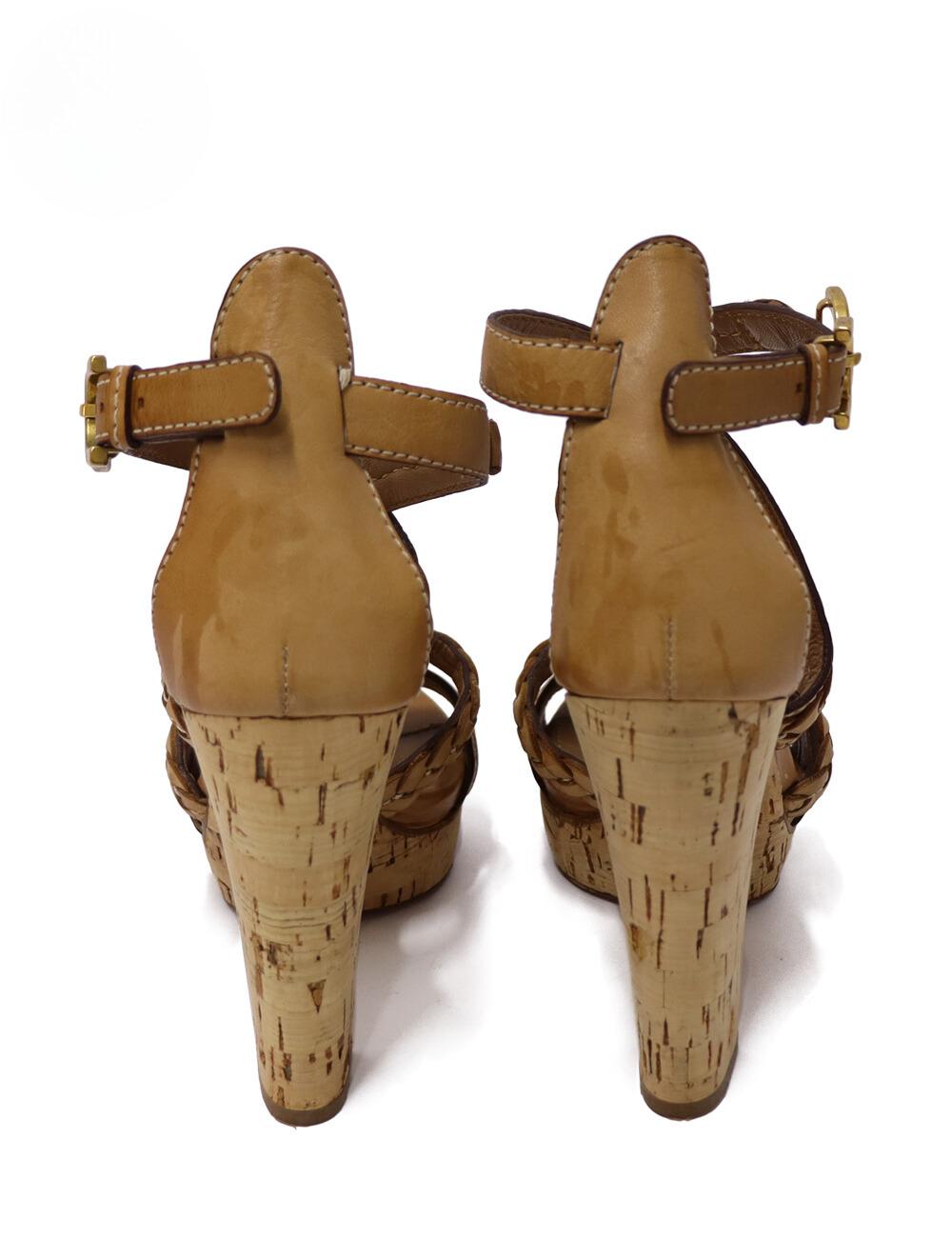 Women's Chloé Tan Leather Braided Wooden Platform Sandals EU 37
