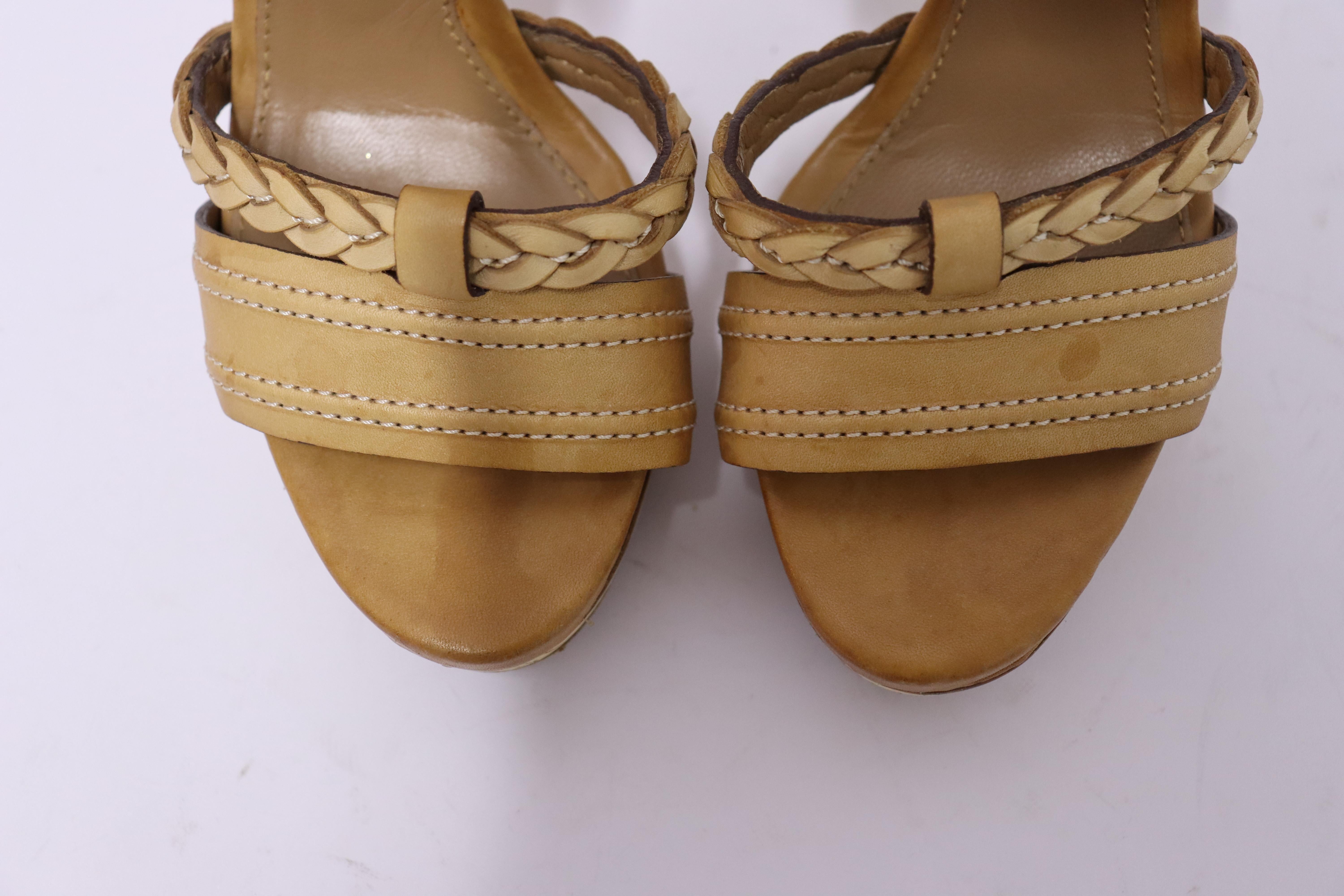 Chloé Tan Leather Braided Wooden Platform Sandals EU 37 1